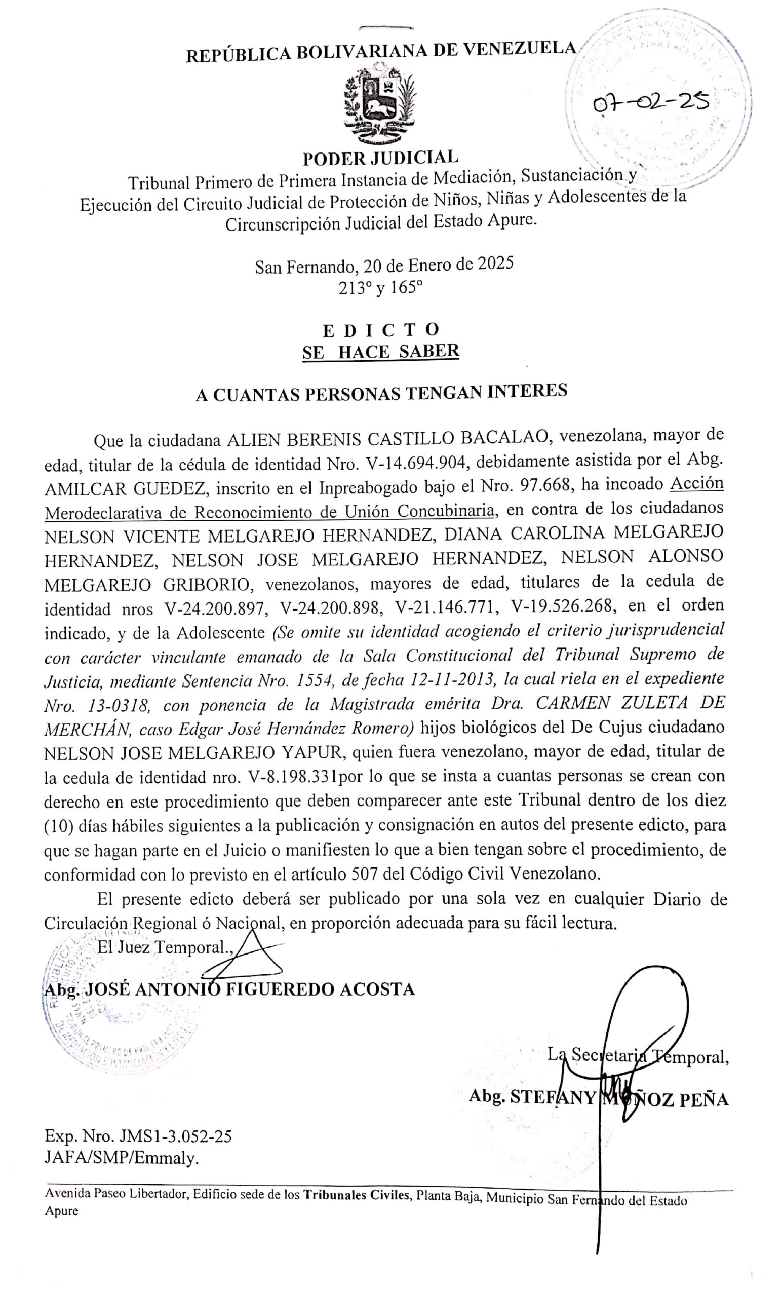 NELSON VICENTE MELGAREJO HERNANDEZ, DIANA CAROLINA MELGAREJO HERNANDEZ, NELSON JOSE MELGAREJO HERNANDEZ, NELSON ALONSO MELGAREJO GRIBORIO