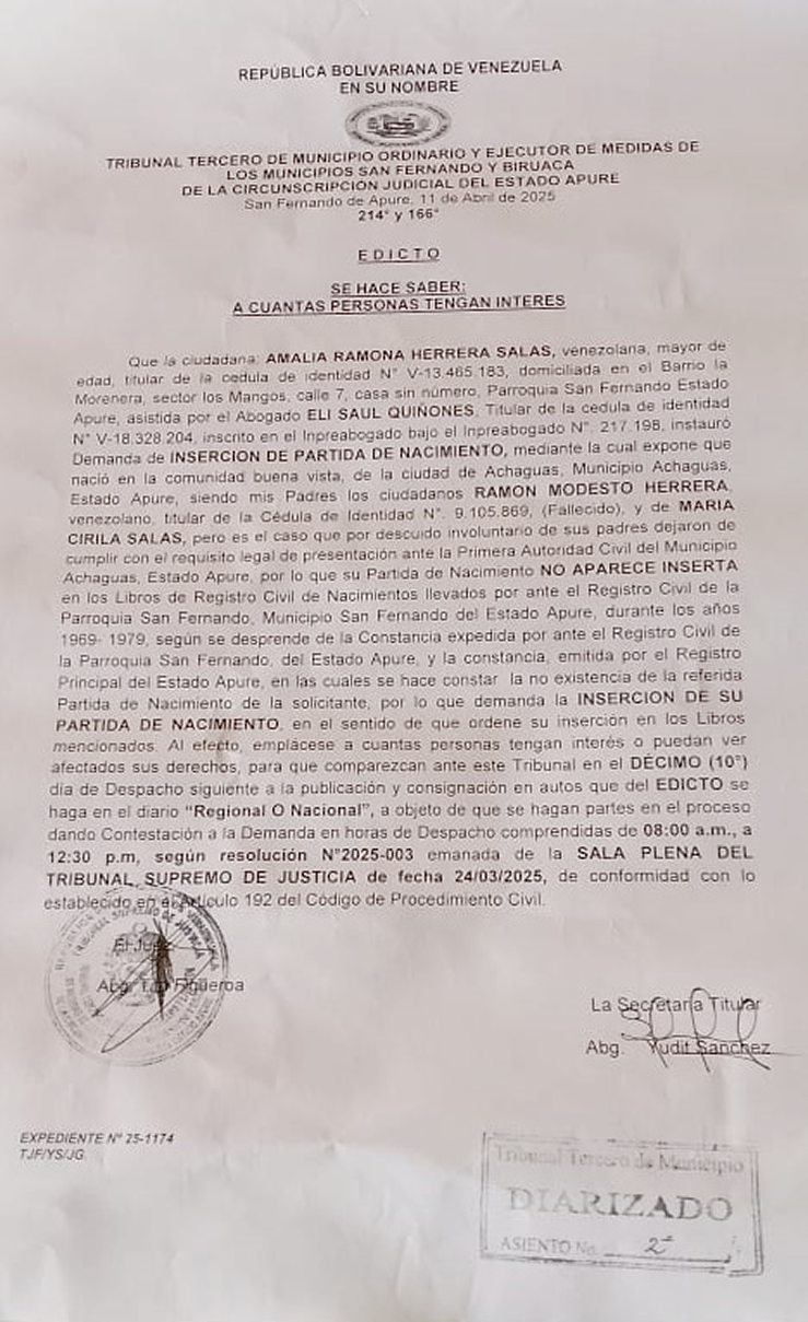 EDICTO, INSERCIÓN DE PARTIDA DE NACIMIENTO – AMALIA RAMONA HERRERA SALAS