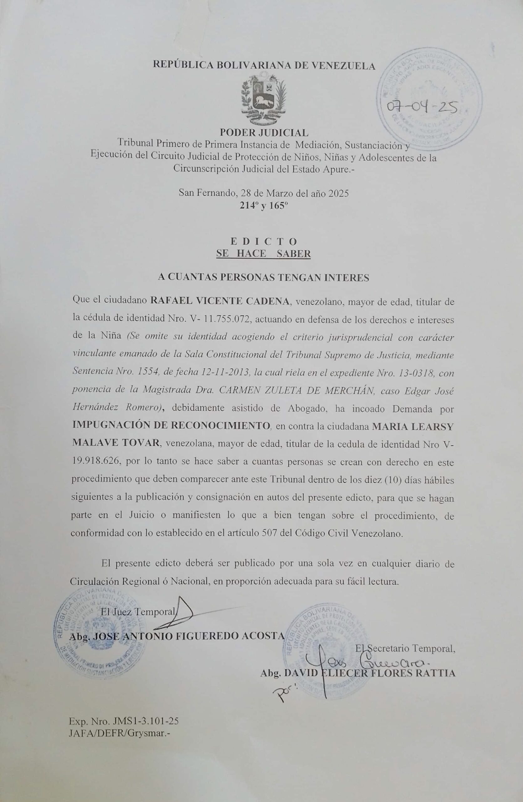 EDICTO – DEMANDA POR IMPUGNACIÓN DE RECONOCIMIENTO – MARIA LEARSY MALAVE TOVAR