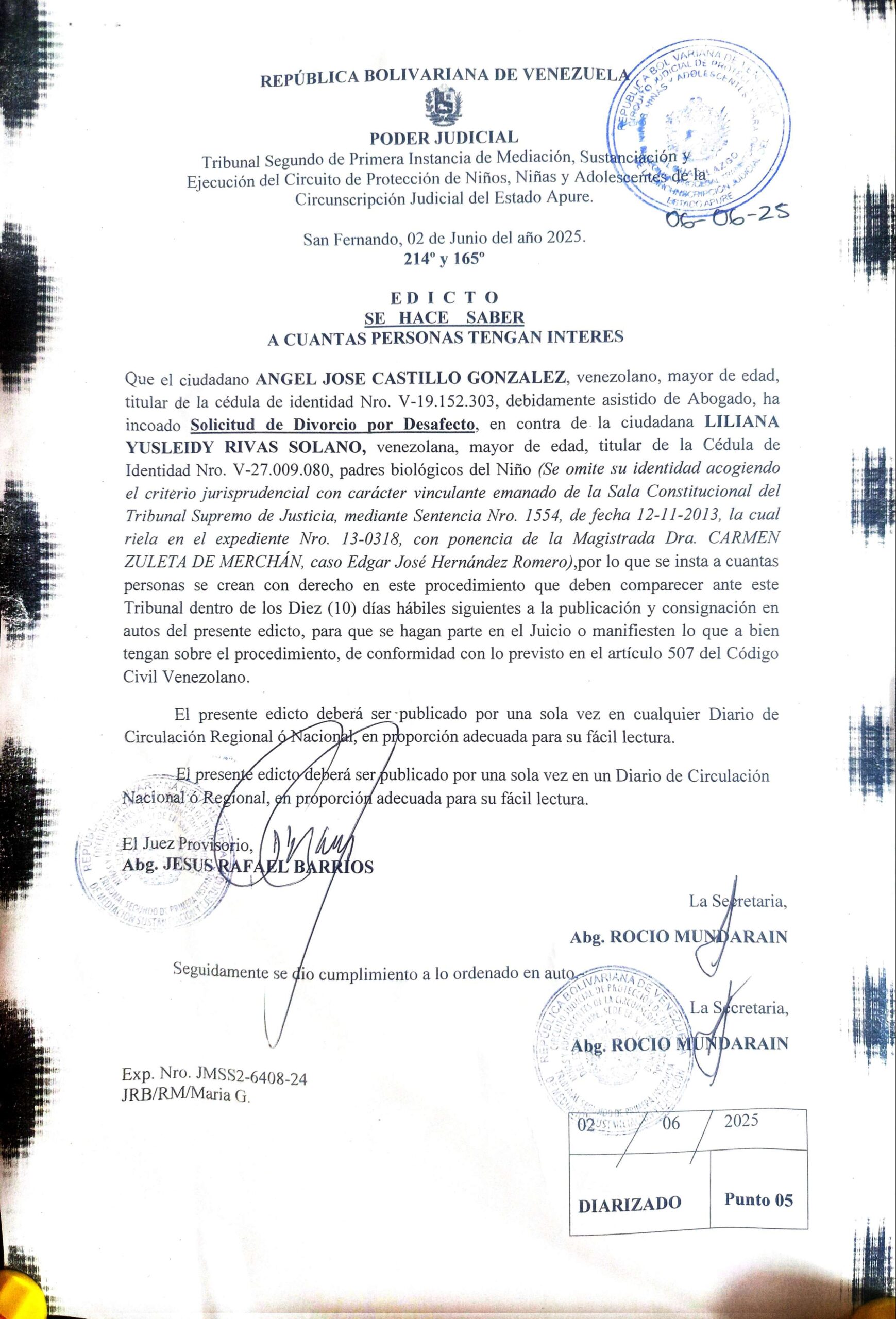 EDICTO, Solicitud de Divorcio por Desafecto - ANGEL JOSE CASTILLO GONZALEZ en contra de LILIANA YUSLEIDY RIVAS SOLANO