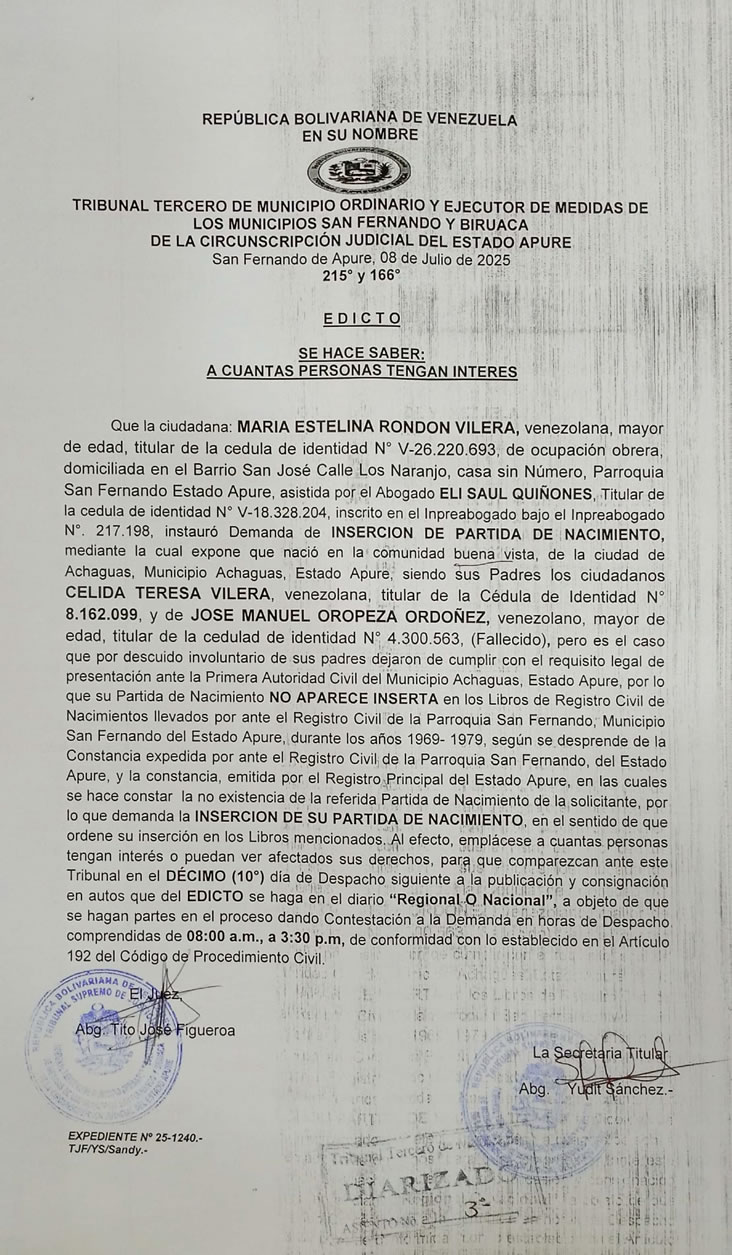 EDICTO, INSERCIÓN DE PARTIDA DE NACIMIENTO - MARIA ESTELINA RONDON VILERA