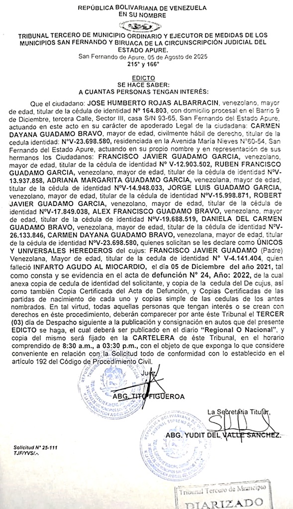 EDICTO, ÚNICOS Y UNIVERSALES HEREDEROS del cujus: FRANCISCO JAVIER GUADAMO