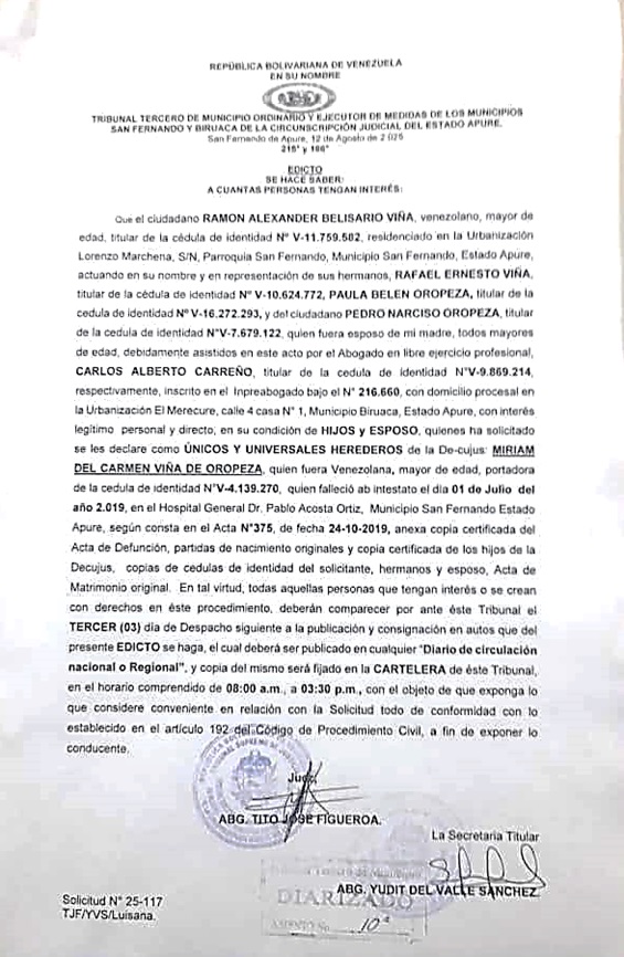 EDICTO, ÚNICOS Y UNIVERSALES HEREDEROS de la De-cujus: MIRIAM DEL CARMEN VIÑA DE OROPEZA