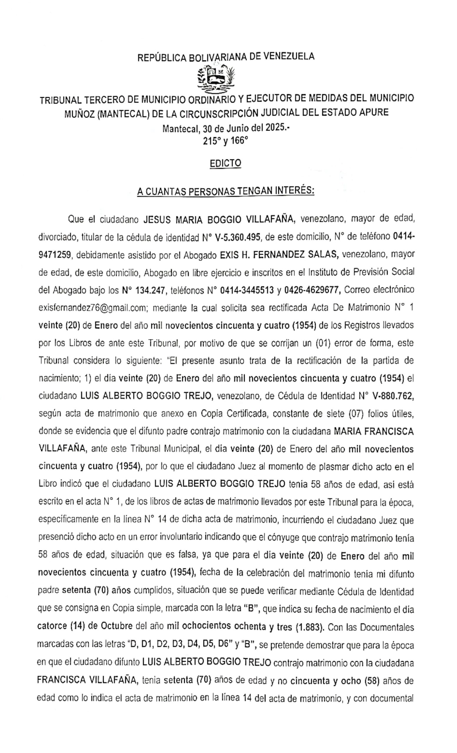 EDICTO, RECTIFICACIÓN DE LA PARTIDA DE NACIMIENTO DE LUIS ALBERTO BOGGIO TREJO (DIFUNTO)