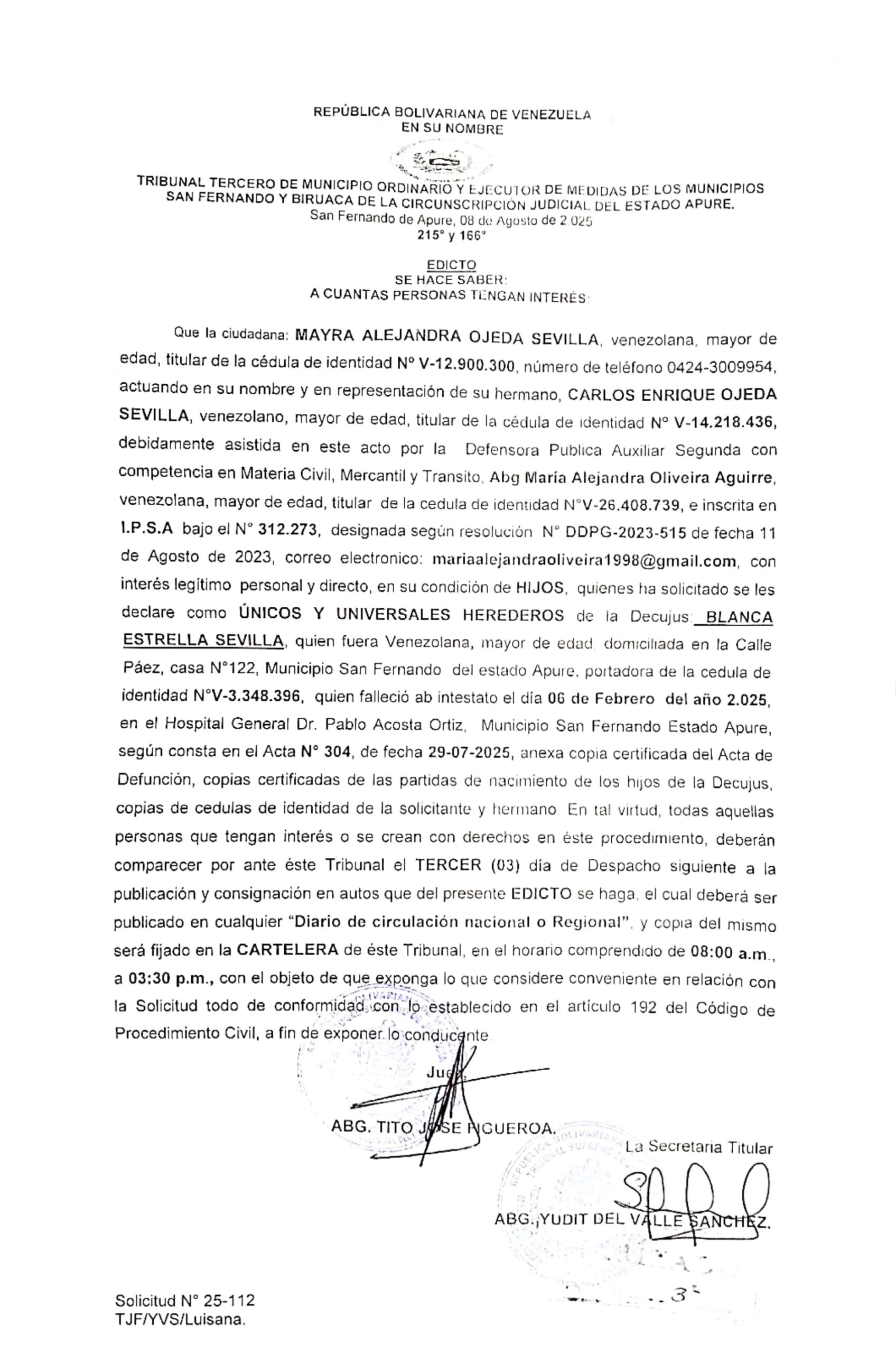 EDICTO, ÚNICOS Y UNIVERSALES HEREDEROS de la De Cujus BLANCA ESTRELLA SEVILLA