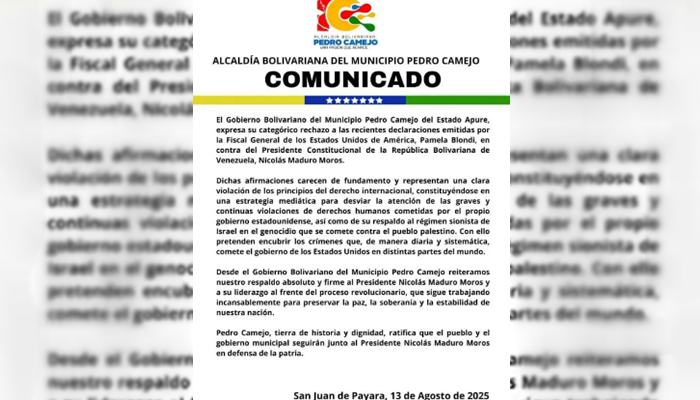 Alcaldía de Pedro Camejo respalda a Maduro y rechaza declaraciones de fiscal estadounidense