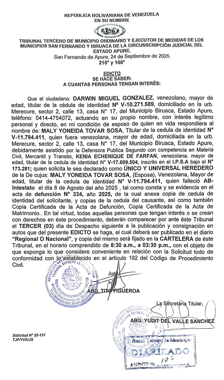 EDICTO, ÚNICOS Y UNIVERSALES HEREDEROS de la De Cujus: MALY YONEIDA TOVAR SOSA, (Esposa)