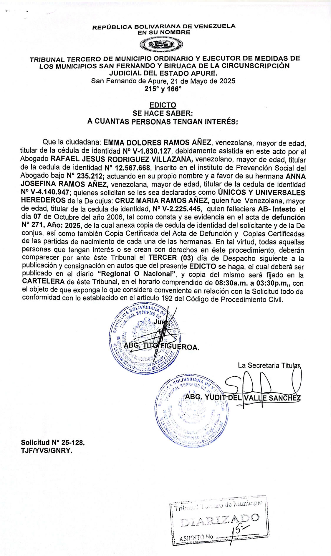 EDICTO, ÚNICOS Y UNIVERSALES HEREDEROS De La De Cujus: CRUZ MARIA RAMOS AÑEZ