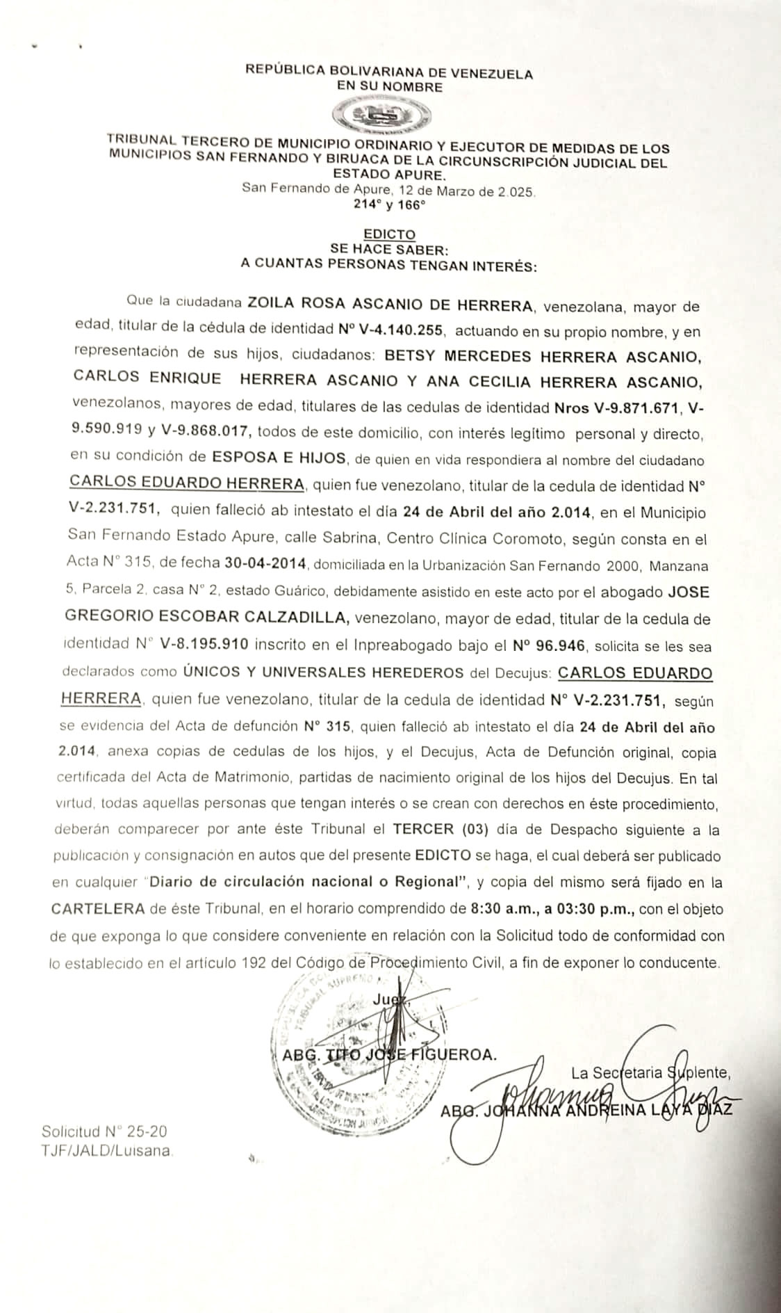 EDICTO, ÚNICOS Y UNIVERSALES HEREDEROS Del De Cujus: CARLOS EDUARDO HERRERA
