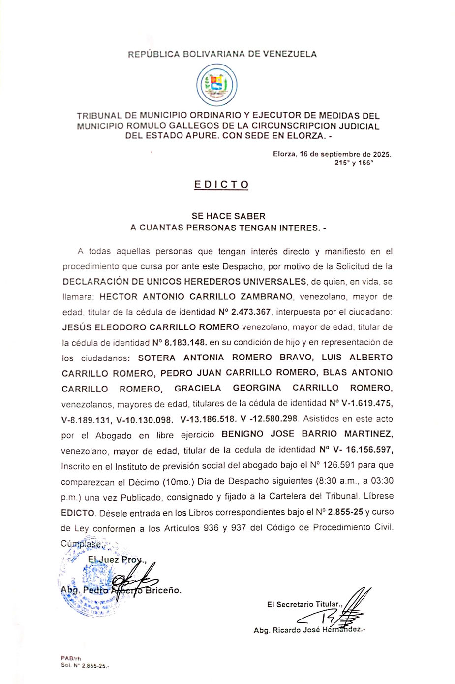 EDICTO, DECLARACIÓN DE UNICOS HEREDEROS UNIVERSALES, de quien, en vida, se llamara: HECTOR ANTONIO CARRILLO ZAMBRANO