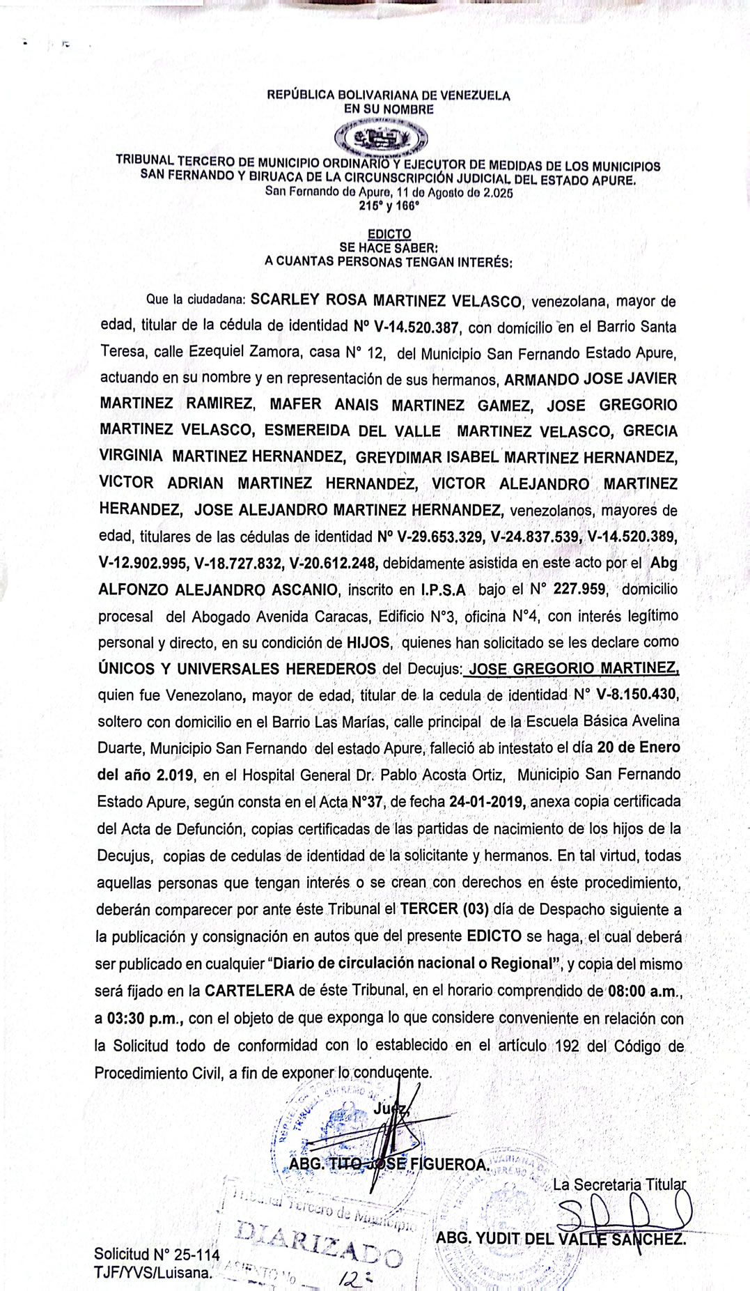 EDICTO, ÚNICOS Y UNIVERSALES HEREDEROS del De cujus: JOSE GREGORIO MARTINEZ