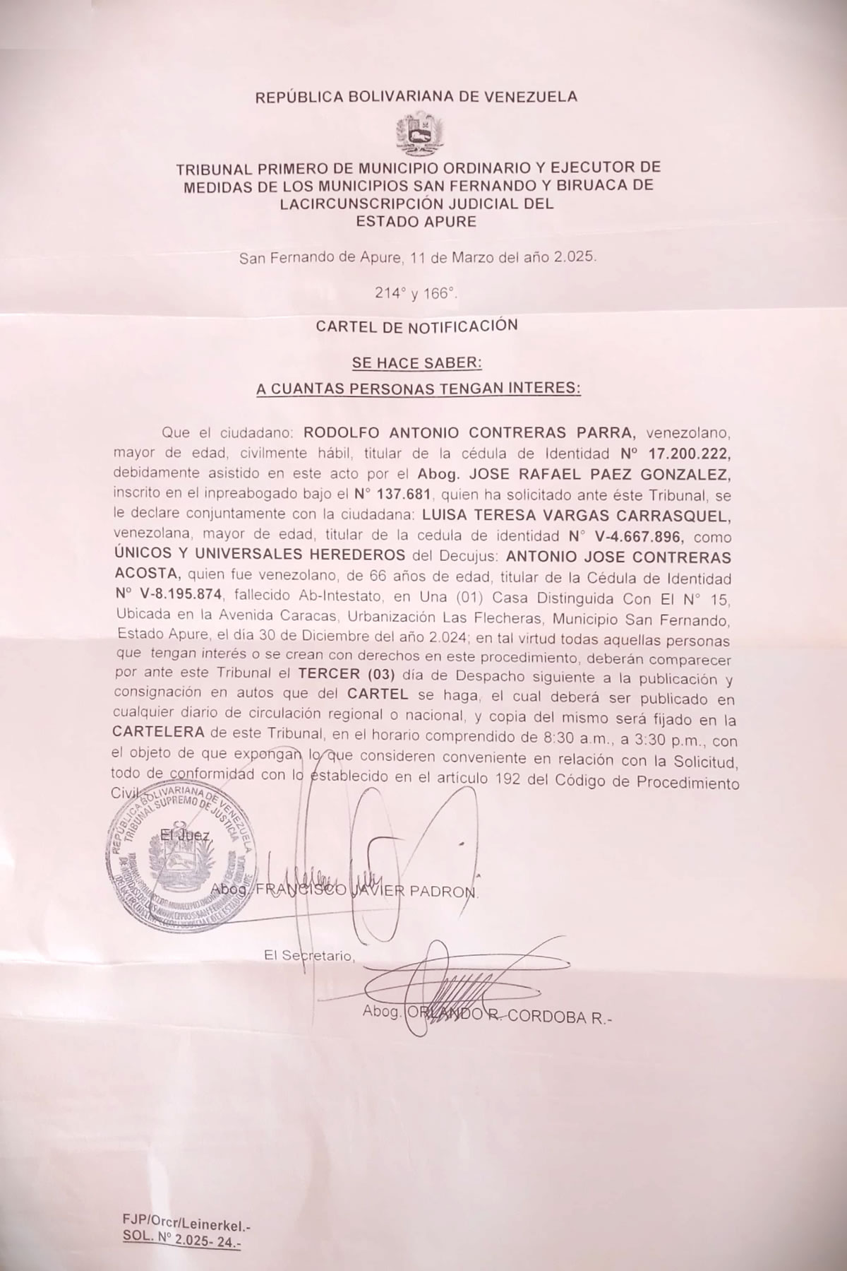 CARTEL DE NOTIFICACIÓN, ÚNICOS Y UNIVERSALES HEREDEROS del Decujus: ANTONIO JOSE CONTRERAS ACOSTA
