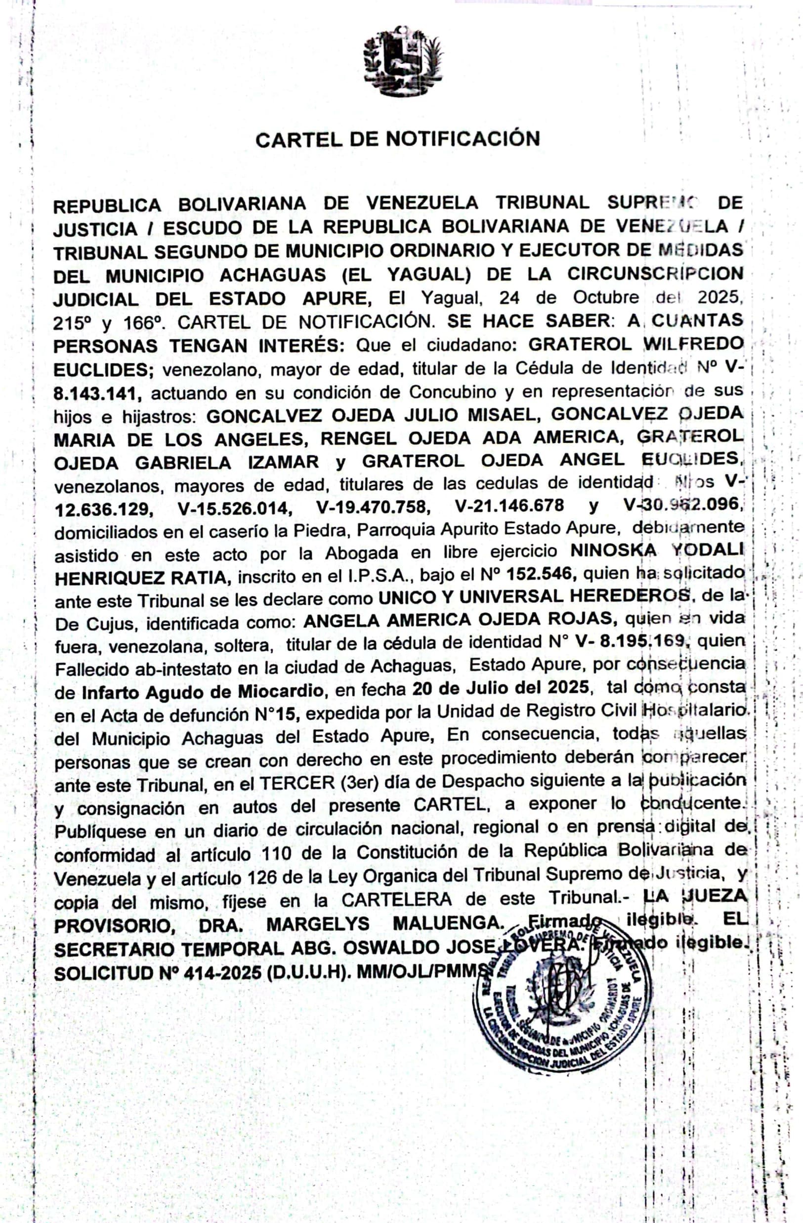 CARTEL DE NOTIFICACIÓN, UNICOS Y UNIVERSALES HEREDEROS, de la De Cujus: ANGELA AMERICA OJEDA ROJAS