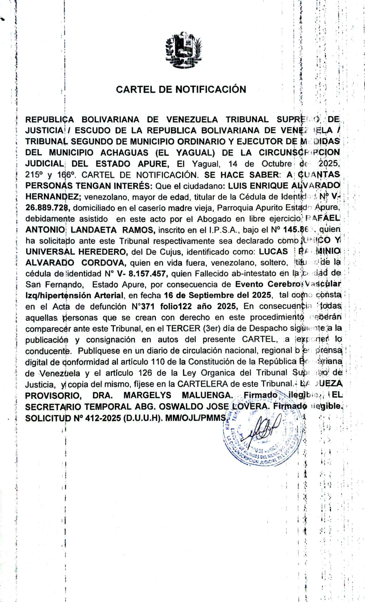 CARTEL DE NOTIFICACIÓN ÚNICOS Y UNIVERSALES HEREDEROS del De Cujus: LUCAS RAMINIO ALVARADO CORDOVA