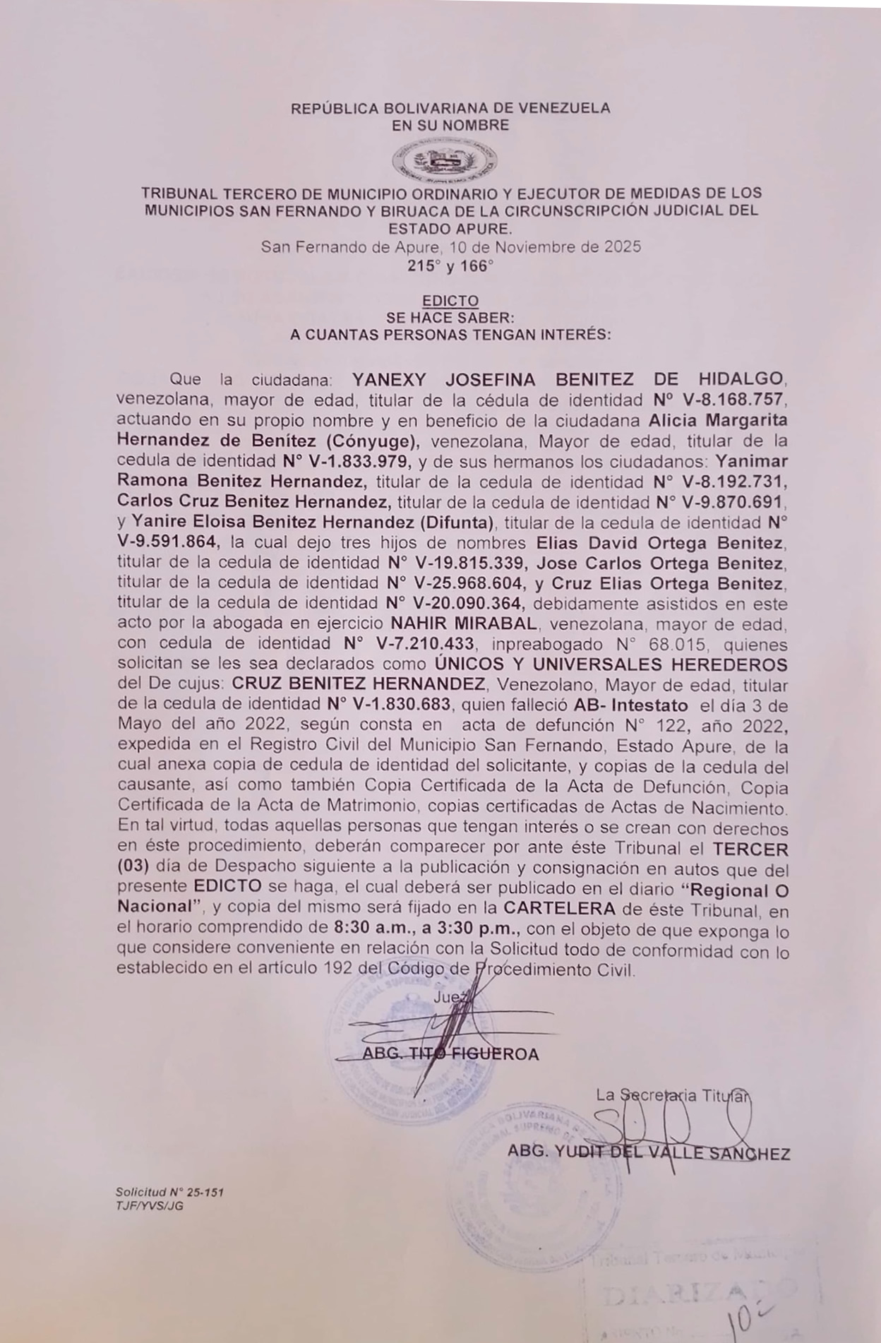 EDICTO, ÚNICOS Y UNIVERSALES HEREDEROS del De cujus: CRUZ BENITEZ HERNANDEZ