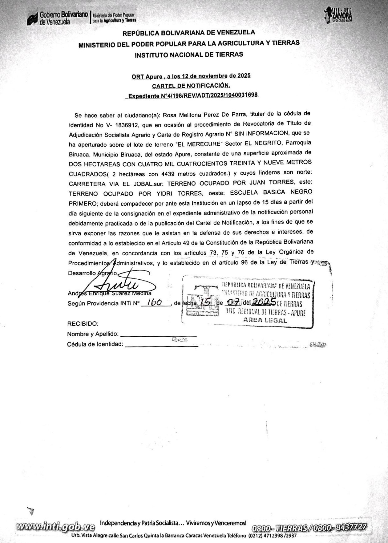 CARTEL DE NOTIFICACIÓN, sobre el lote de terreno "EL MERECURE" Sector EL NEGRITO, Parroquia Biruaca, Municipio Biruaca, del estado Apure