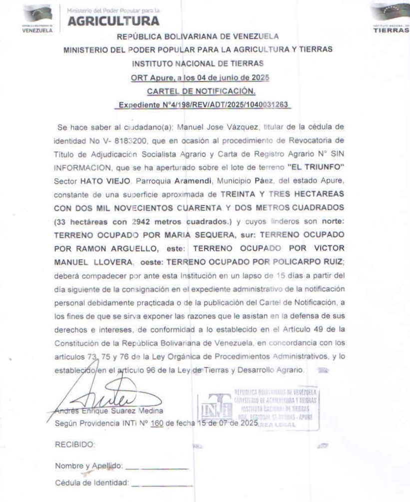 CARTEL DE NOTIFICACIÓN sobre el lote de terreno EL TRIUNFO Sector HATO VIEJO Parroquia Aramendi Municipio Páez del estado Apure