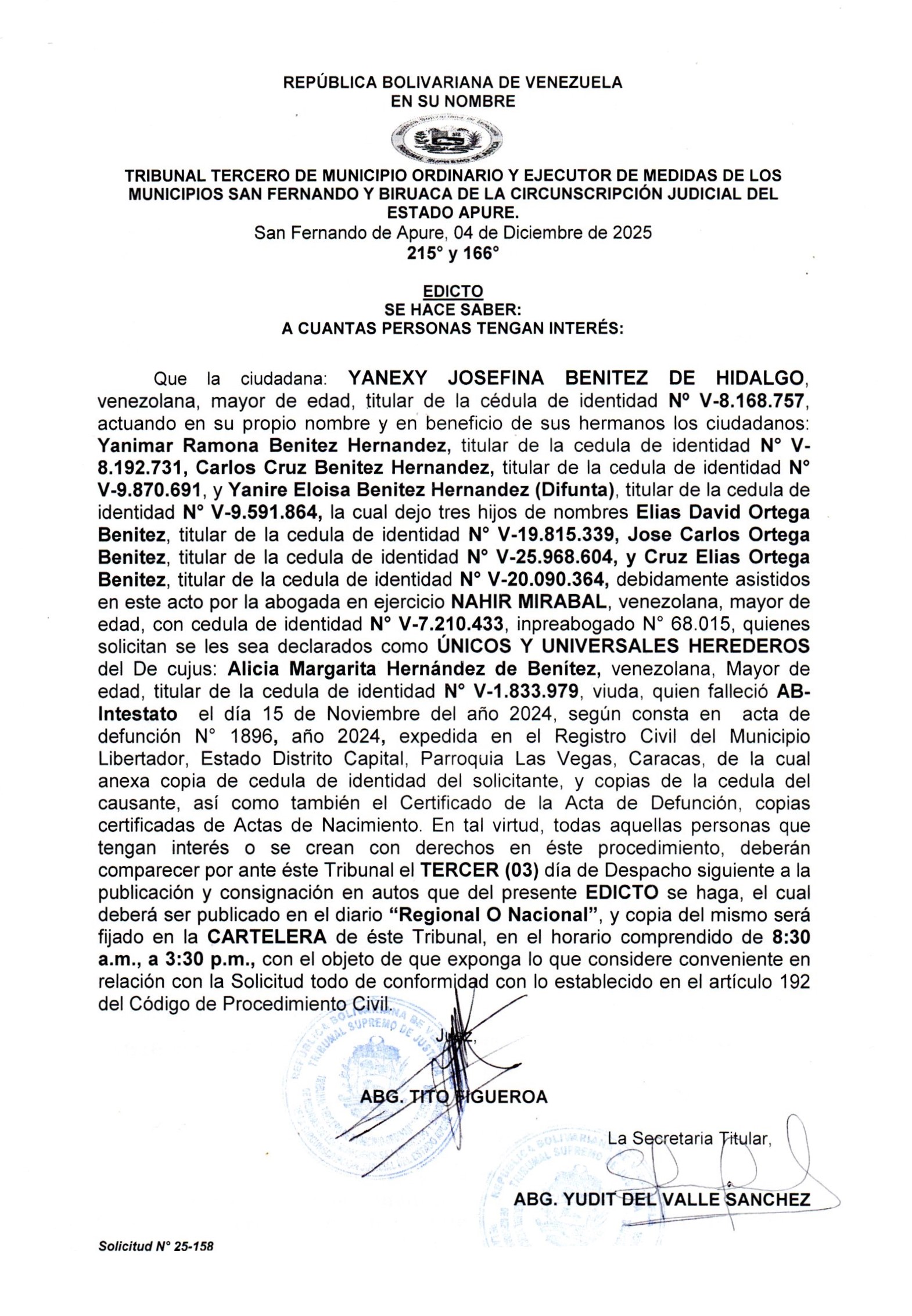 EDICTO, ÚNICOS Y UNIVERSALES HEREDEROS de la De cujus: Alicia Margarita Hernández de Benítez