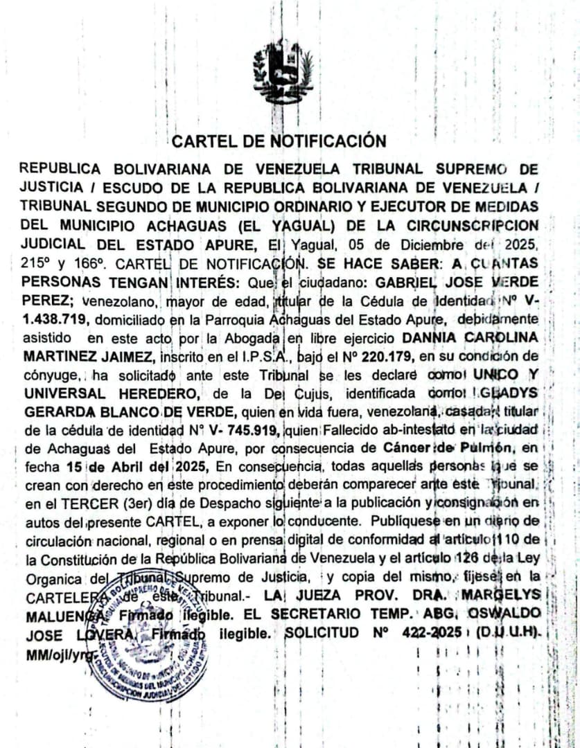 CARTEL DE NOTIFICACIÓN, ÚNICO Y UNIVERSAL HEREDERO, de la De Cujus, identificada como: GLADYS GERARDA BLANCO DE VERDE