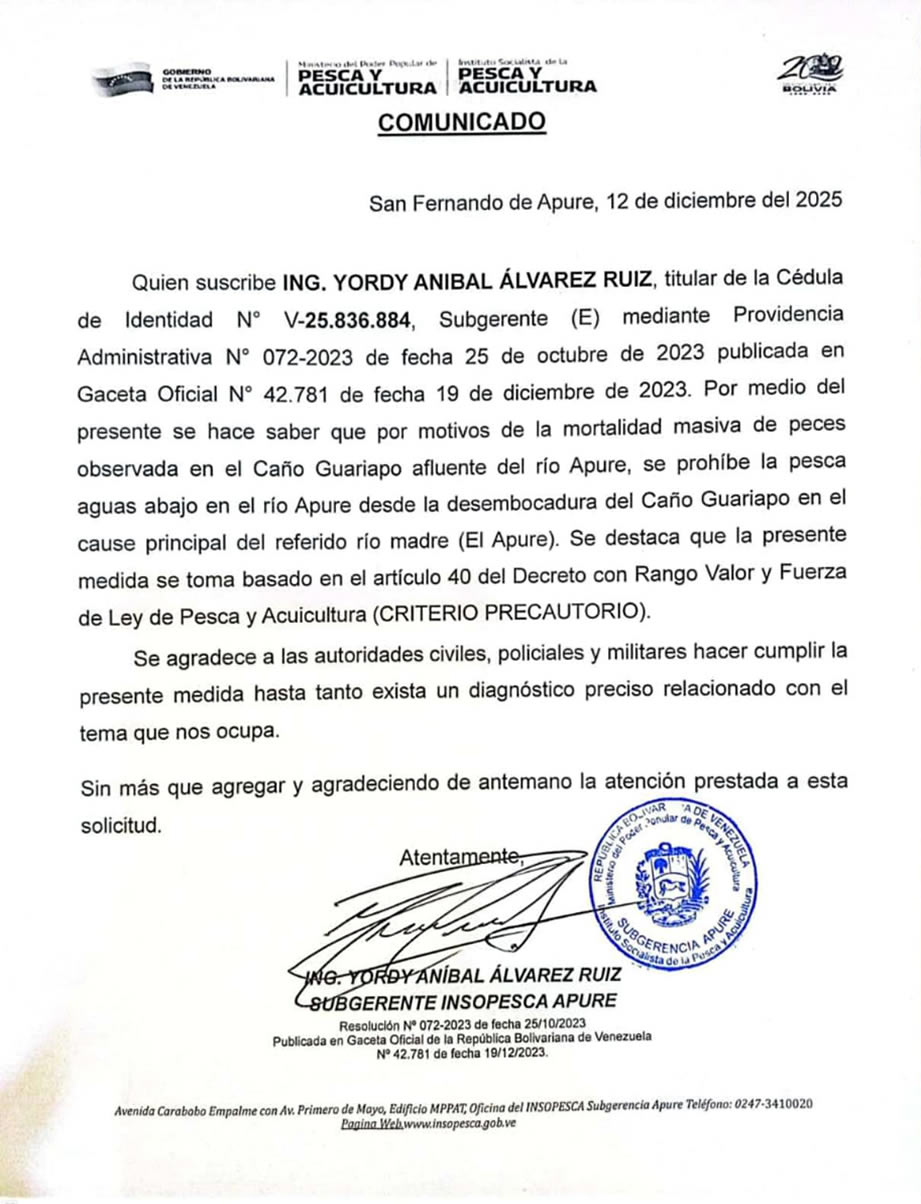 Prohíben la pesca en tramo del río Apure por mortandad masiva de peces