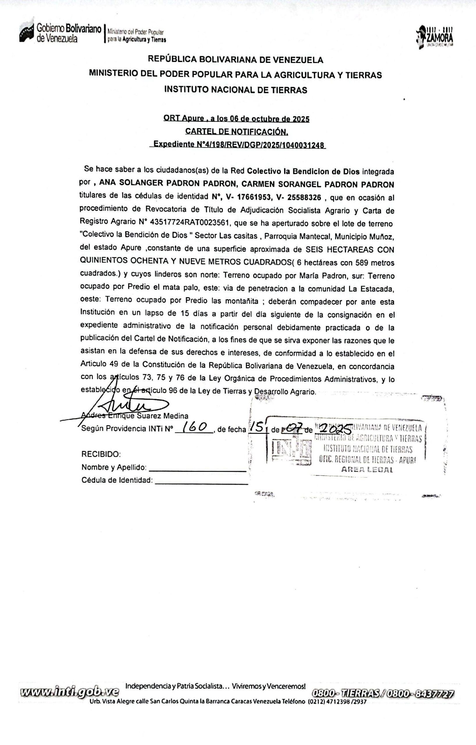 CARTEL DE NOTIFICACIÓN, Red Colectivo la Bendicion de Dios, ANA SOLANGER PADRON PADRON, CARMEN SORANGEL PADRON PADRON. Revocatoria de Título de Adjudicación Socialista Agrario y Carta de Registro Agrario, Lote de terreno "Colectivo la Bendición de Dios", Mantecal, Apure.
