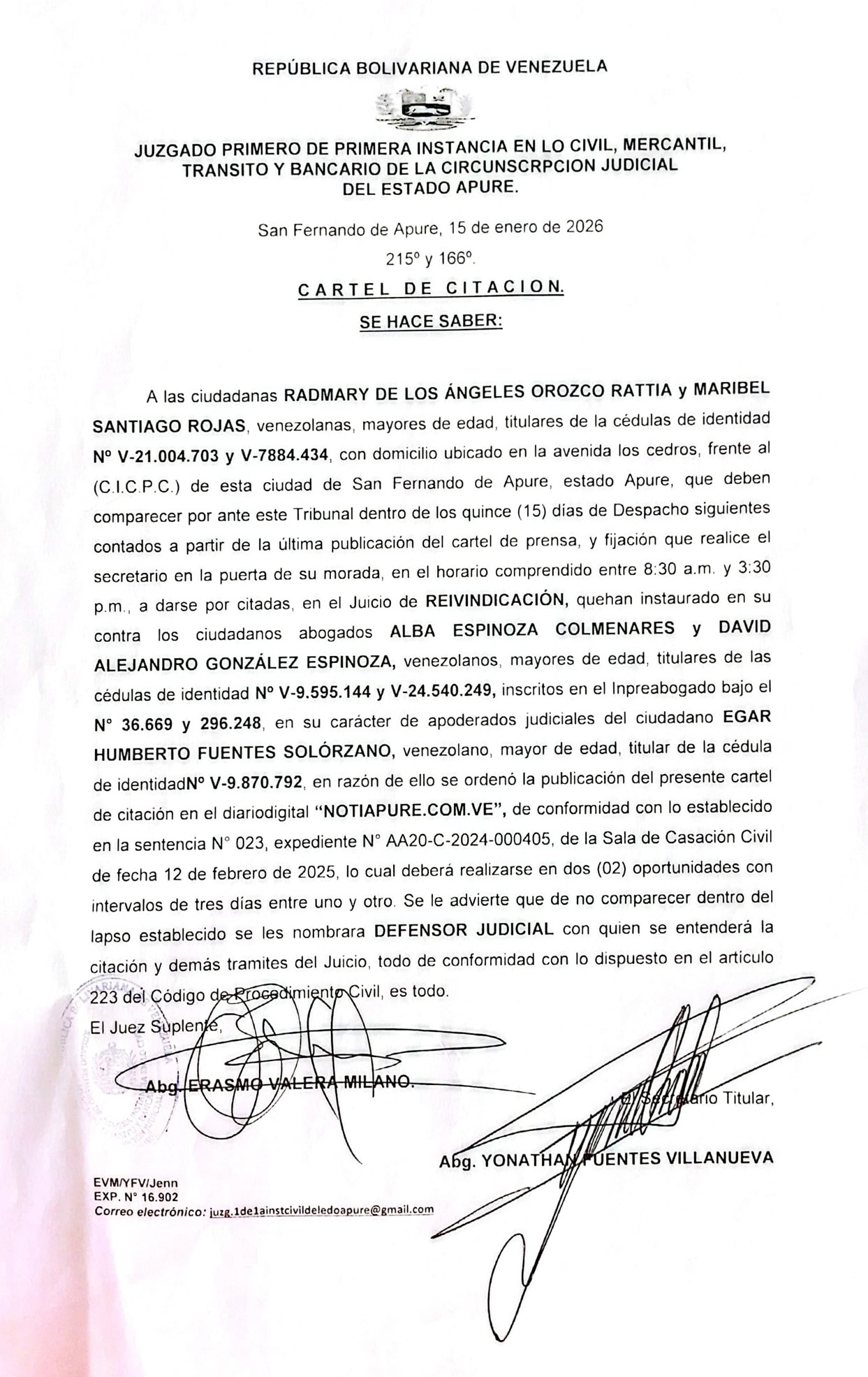 CARTEL DE CITACION, RADMARY DE LOS ÁNGELES OROZCO RATTIA Y MARIBEL SANTIAGO ROJAS (2da Publicación)