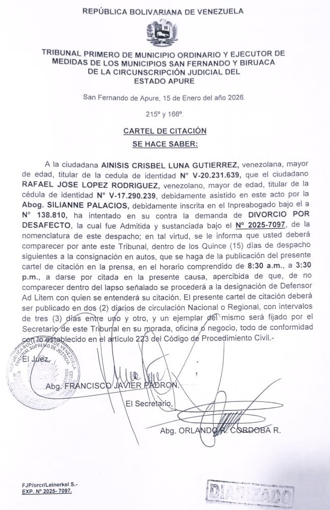 CARTEL DE CITACION, Demanda de DIVORCIO POR DESAFECTO Contra AINISIS CRISBEL LUNA GUTIERREZ (2da Pub)