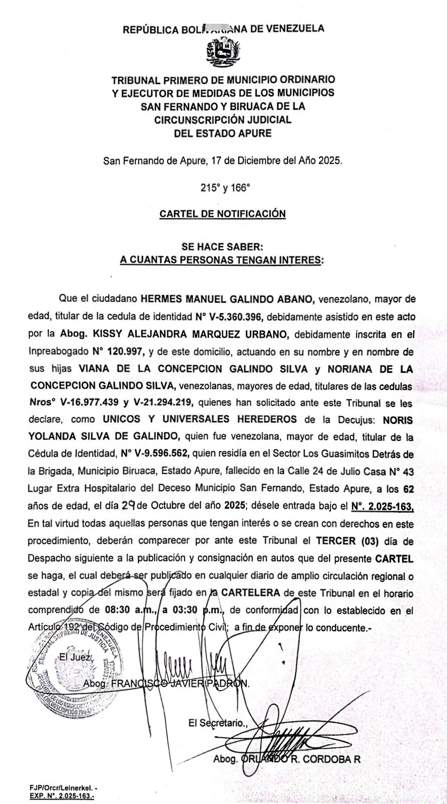 CARTEL DE NOTIFICACIÓN ÚNICOS Y UNIVERSALES HEREDEROS de la Decujus: NORIS YOLANDA SILVA DE GALINDO