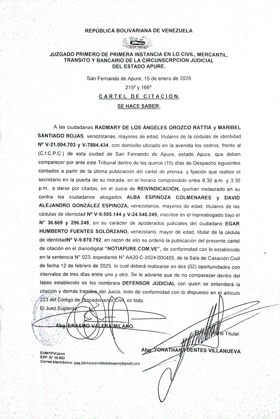 CARTEL DE CITACIÓN, RADMARY DE LOS ÁNGELES OROZCO RATTIA Y MARIBEL SANTIAGO ROJAS - (1ra Publicación)