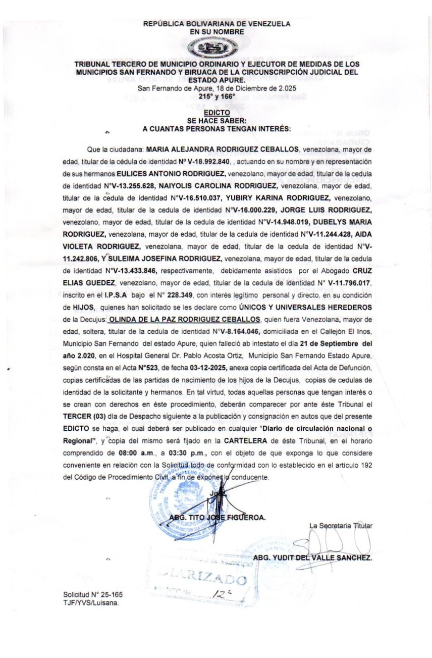 EDICTO, ÚNICOS Y UNIVERSALES HEREDEROS de la Decujus: OLINDA DE LA PAZ RODRIGUEZ CEBALLOS