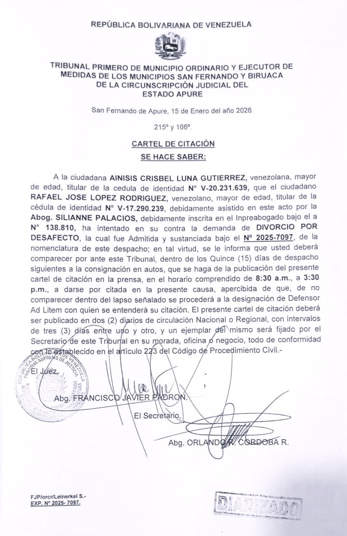 CARTEL DE CITACION, Demanda de DIVORCIO POR DESAFECTO Contra AINISIS CRISBEL LUNA GUTIERREZ