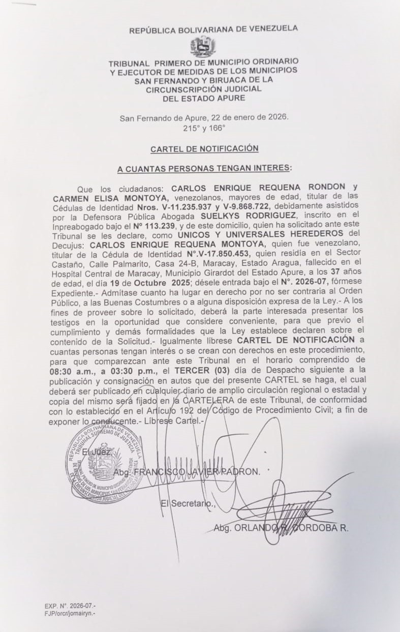 CARTEL DE NOTIFICACIÓN, ÚNICOS Y UNIVERSALES HEREDEROS del Decujus: CARLOS ENRIQUE REQUENA MONTOYA