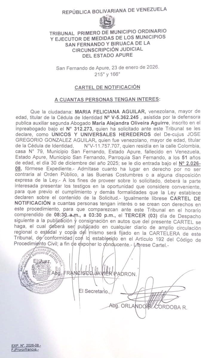 CARTEL DE NOTIFICACIÓN, ÚNICOS Y UNIVERSALES HEREDEROS del De-cujus JOSE GREGORIO GONZALEZ AGUILAR