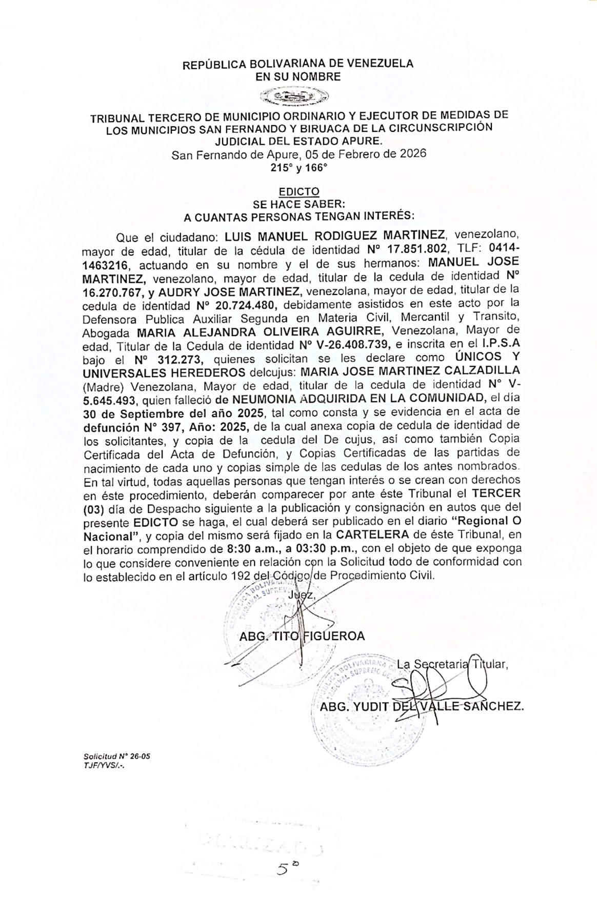 CARTEL DE NOTIFICACIÓN, ÚNICOS Y UNIVERSALES HEREDEROS de la decujus: MARIA JOSE MARTINEZ CALZADILLA (Madre)