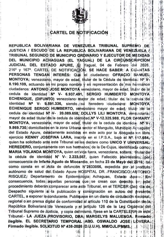 CARTEL DE NOTIFICACIÓN, ÚNICOS Y UNIVERSALES HEREDEROS, de la De Cujus, MARIA YOLANDA MONTOYA