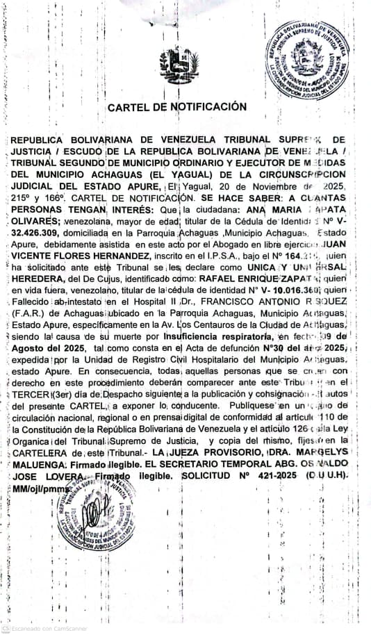 CARTEL DE NOTIFICACIÓN, ÚNICOS Y UNIVERSALES HEREDEROS Del De Cujus: RAFAEL ENRIQUE ZAPATA