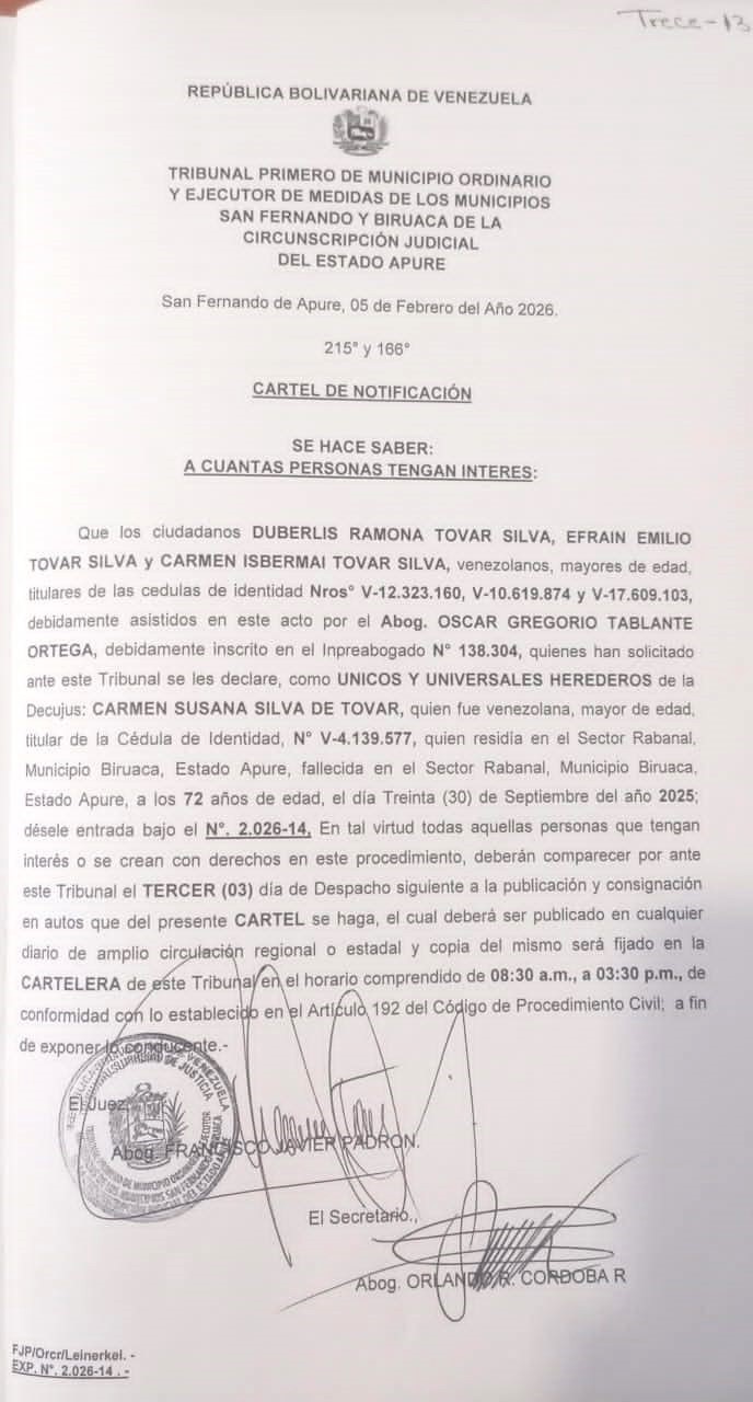CARTEL DE NOTIFICACIÓN, ÚNICOS Y UNIVERSALES HEREDEROS de la Decujus: CARMEN SUSANA SILVA DE TOVAR
