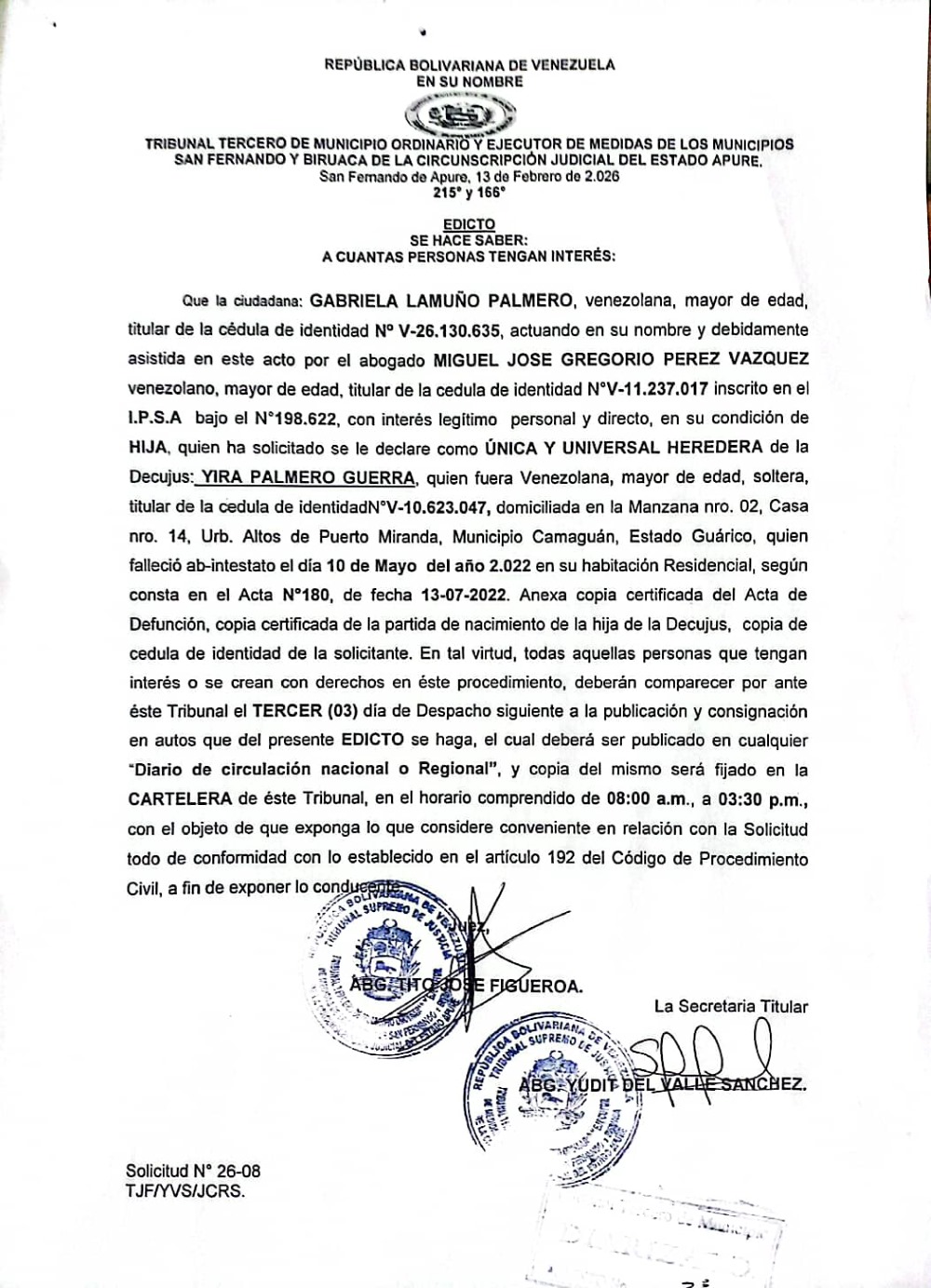 EDICTO, ÚNICOS Y UNIVERSALES HEREDEROS de la Decujus: YIRA PALMERO GUERRA
