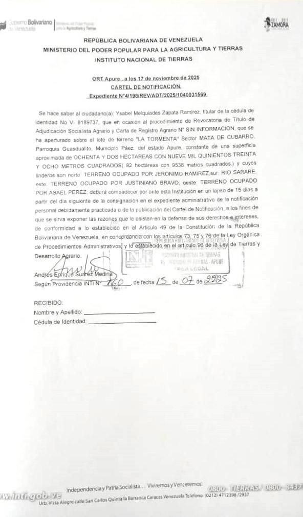 CARTEL DE NOTIFICACIÓN, Se hace saber a Ysabel Melquiades Zapata Ramirez el procedimiento de Revocatoria de Titulo de Adjudicación Socialista Agrario y Carta de Registro Agrario. Sobre el lote de terreno "LA TORMENTA"
