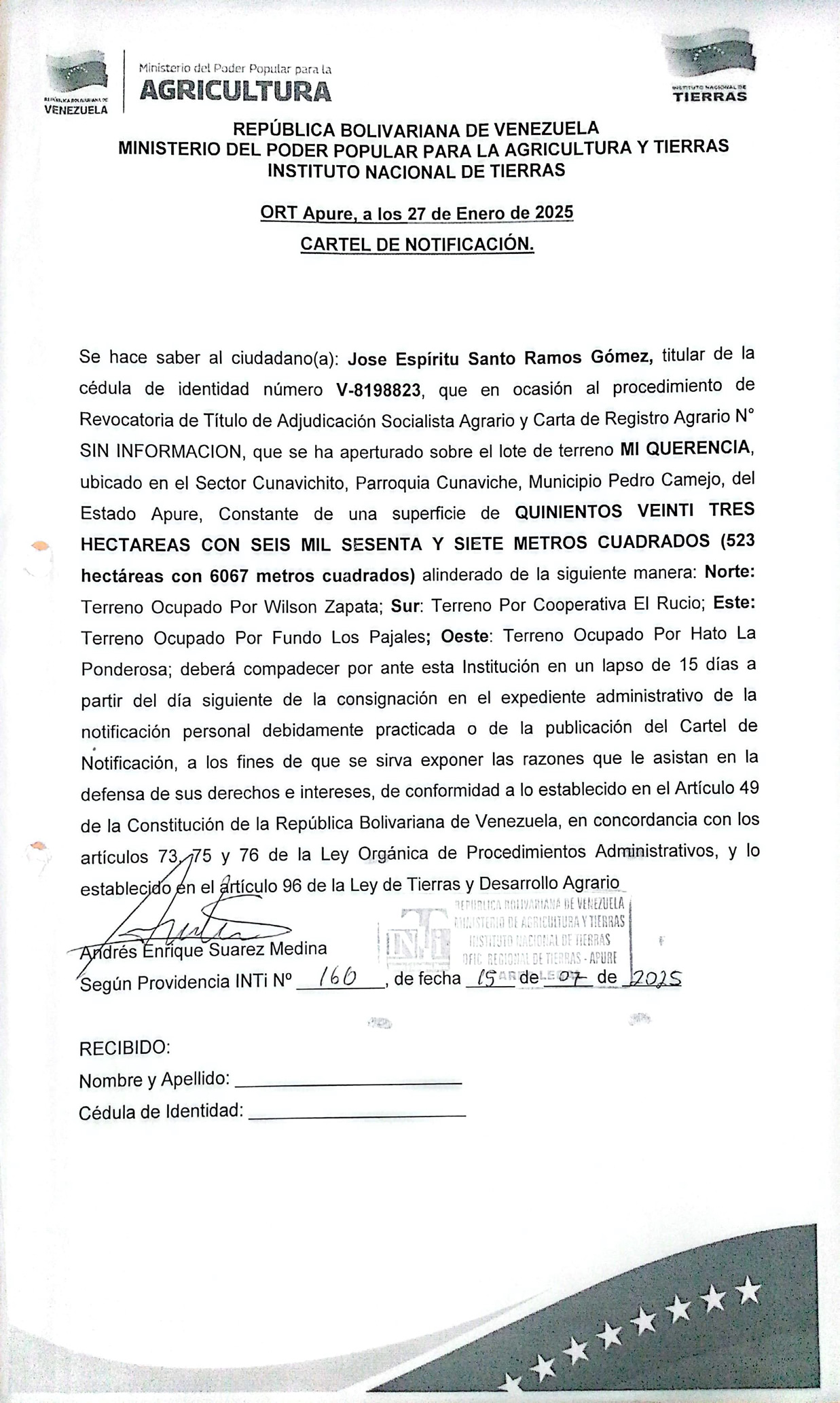 CARTEL DE NOTIFICACIÓN Jose Espíritu Santo Ramos Gómez Revocatoria de Titulo de Adjudicación Socialista Agrario y Carta de Registro Agrario lote de terreno MI QUERENCIA
