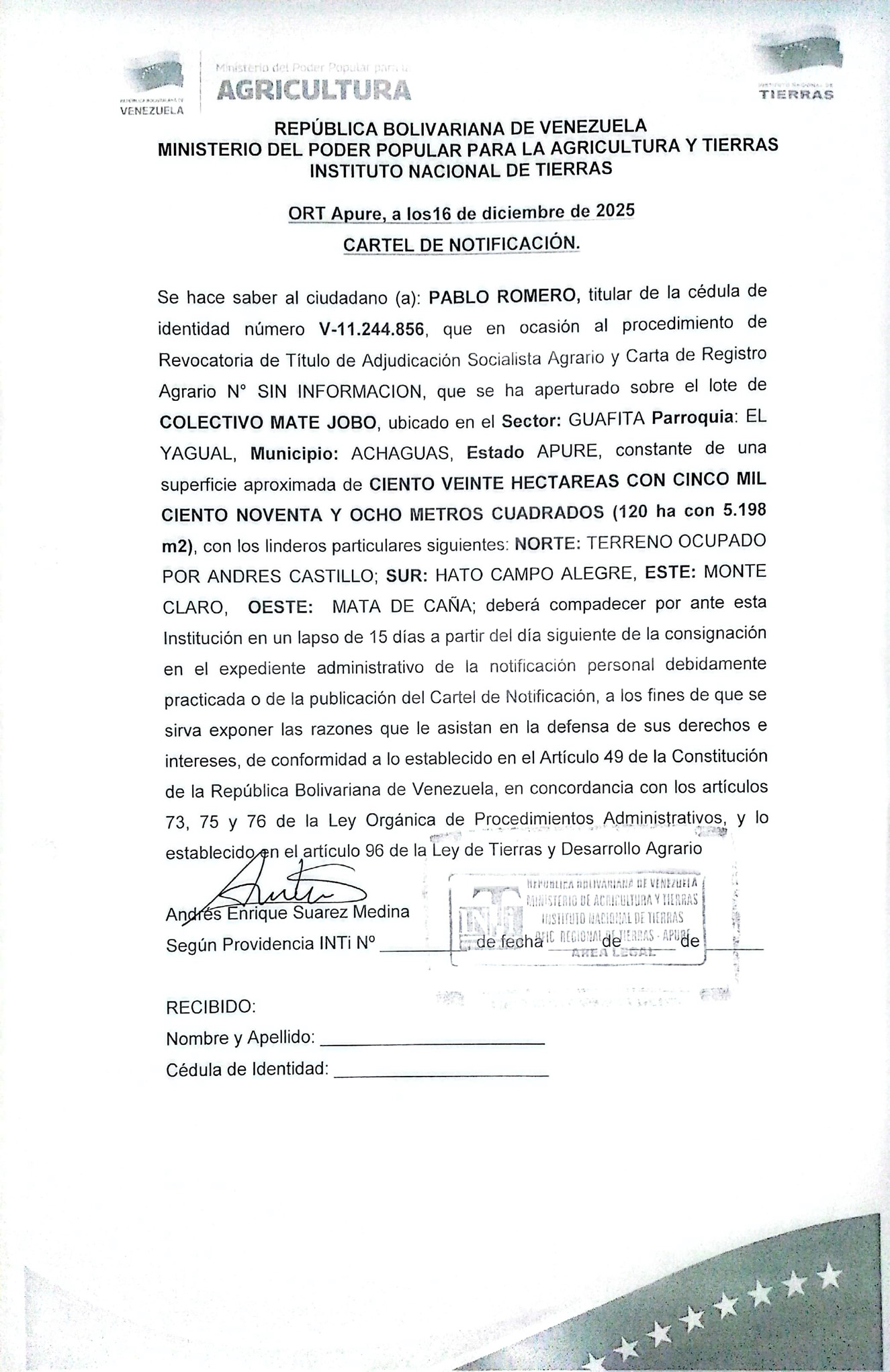 CARTEL DE NOTIFICACIÓN PABLO ROMERO Revocatoria de Titulo de Adjudicación Socialista Agrario y Carta de Registro Agrario COLECTIVO MATE JOBO