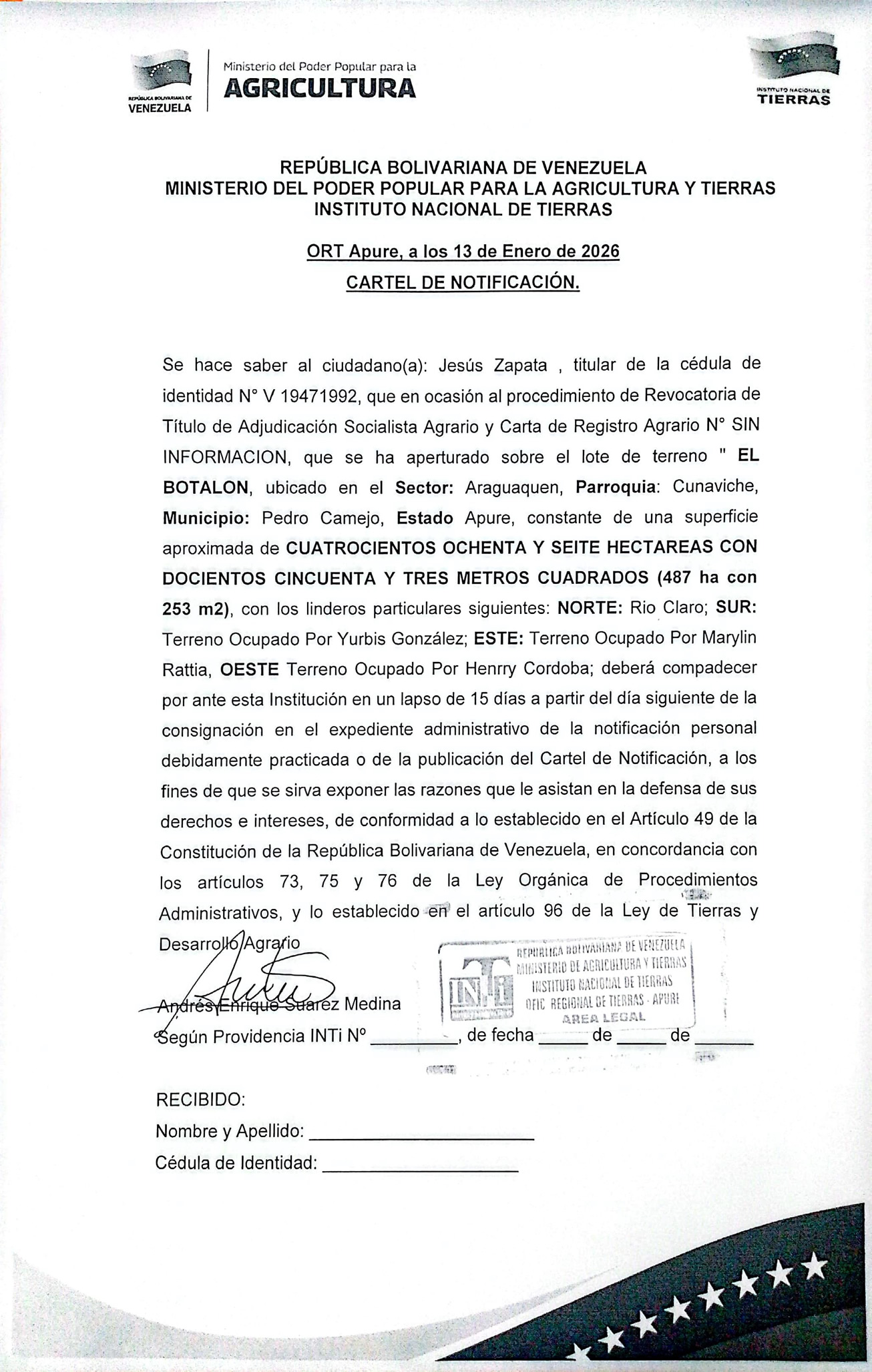 CARTEL DE NOTIFICACIÓN Jesús Zapata Revocatoria de Titulo de Adjudicación Socialista Agrario y Carta de Registro Agrario lote de terreno EL BOTALON