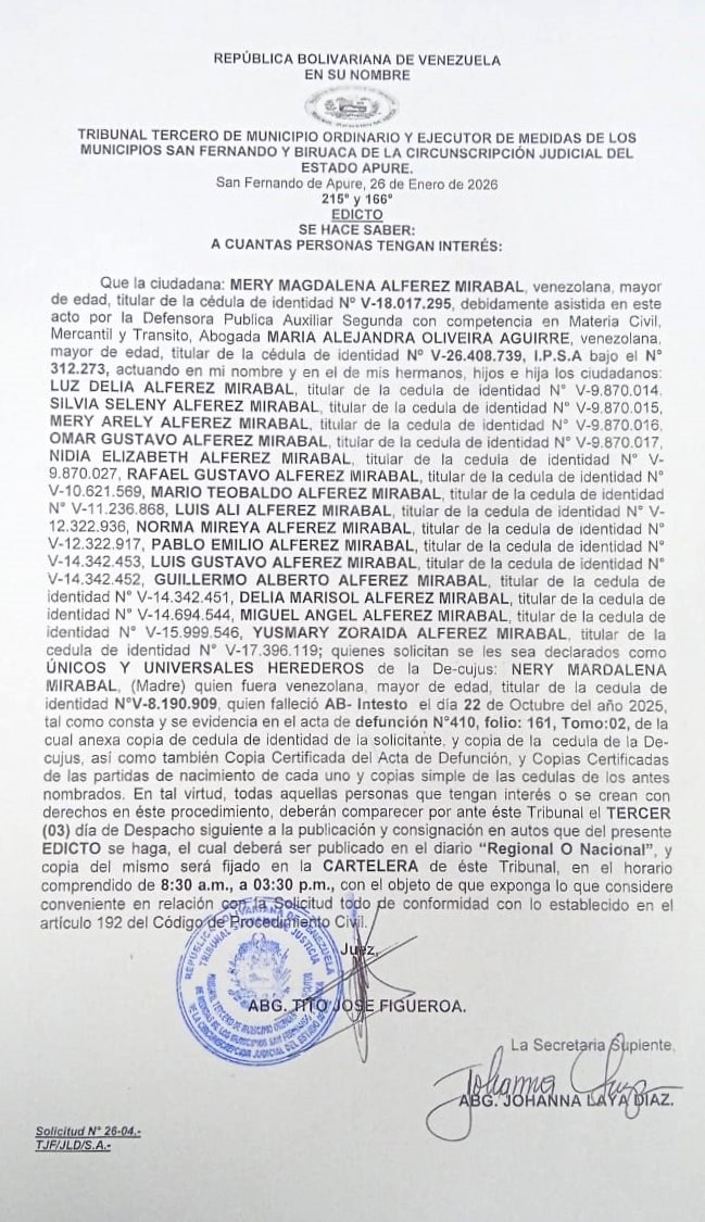 EDICTO, ÚNICOS Y UNIVERSALES HEREDEROS de la De-cujus: NERY MARDALENA MIRABAL (Madre)