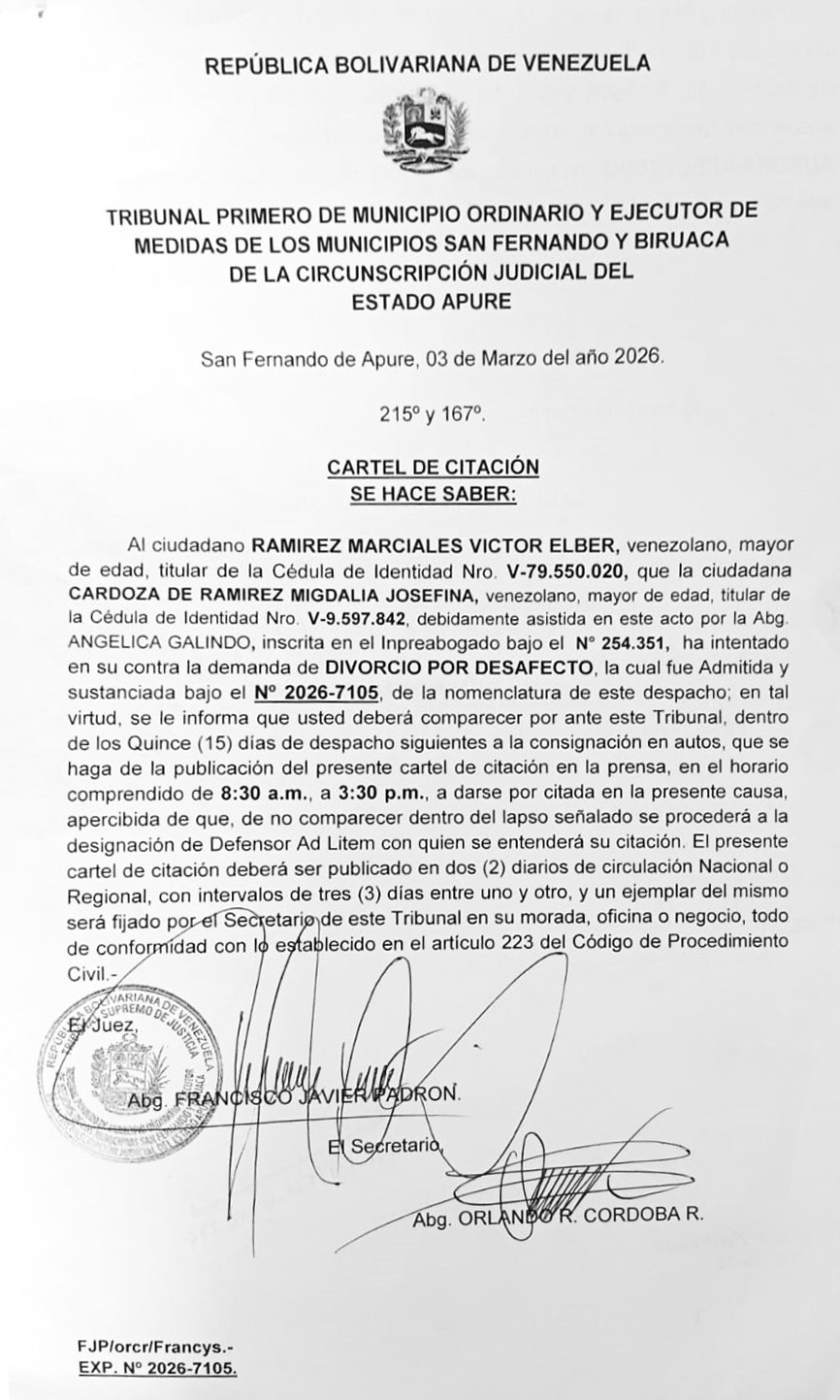 CARTEL DE CITACIÓN, Demanda de DIVORCIO POR DESAFECTO, RAMIREZ MARCIALES VICTOR ELBER (C.I: V- 79.550.020) N2