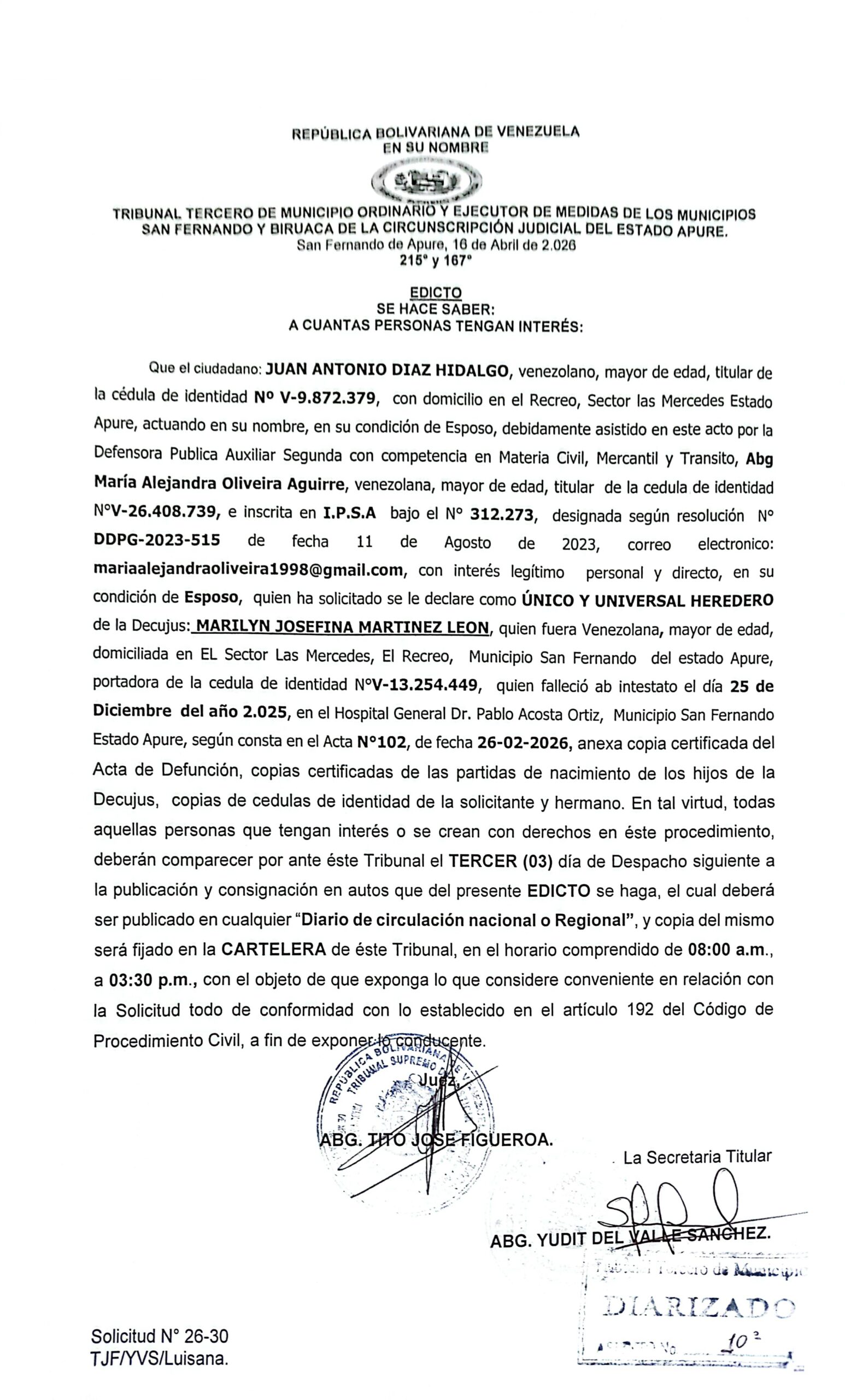 EDICTO, ÚNICO Y UNIVERSAL HEREDERO de la Decujus: MARILYN JOSEFINA MARTINEZ (V-13.254.449)