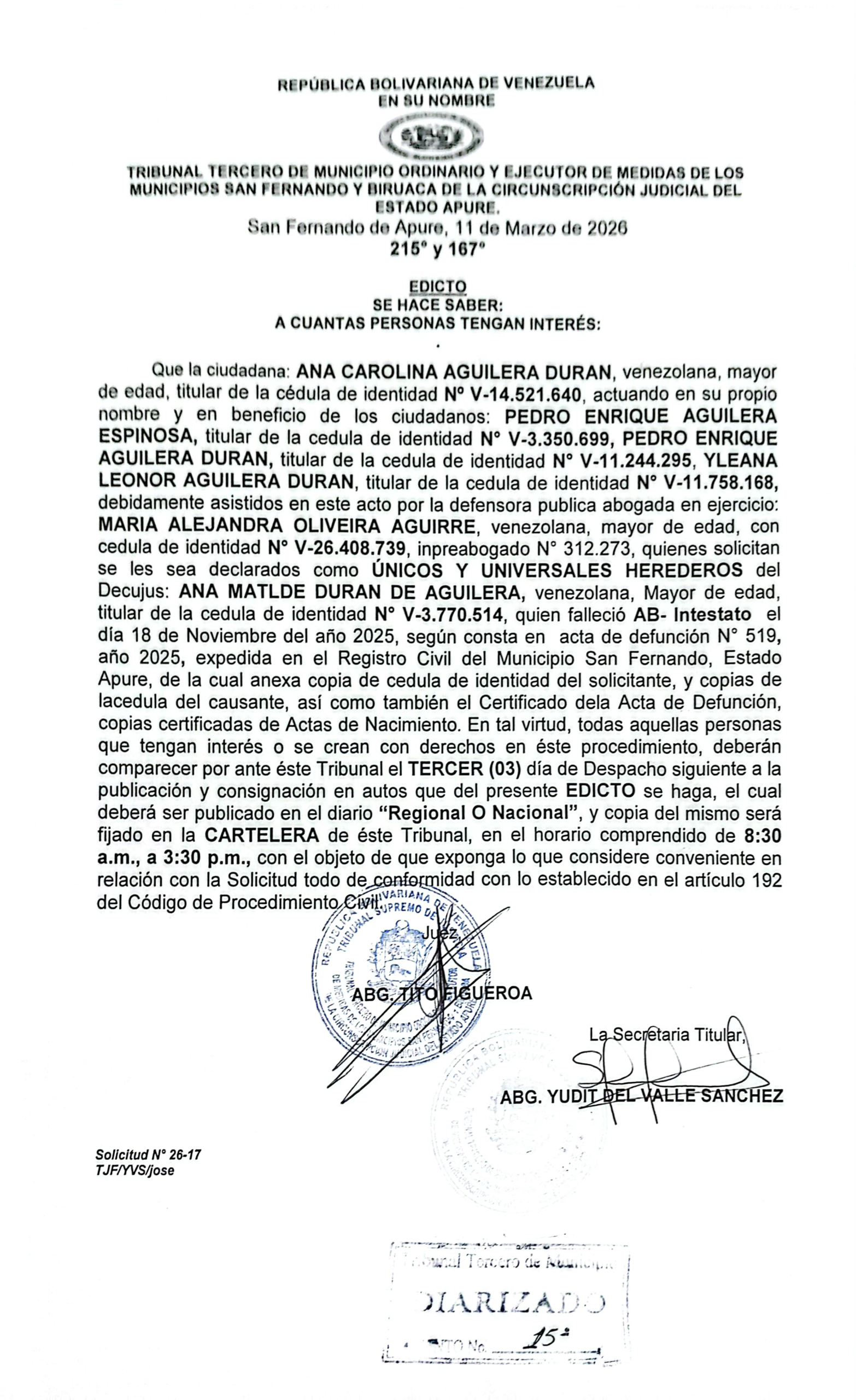 EDICTO, ÚNICOS Y UNIVERSALES HEREDEROS de la Decujus: ANA MATILDE DURAN DE AGUILERA