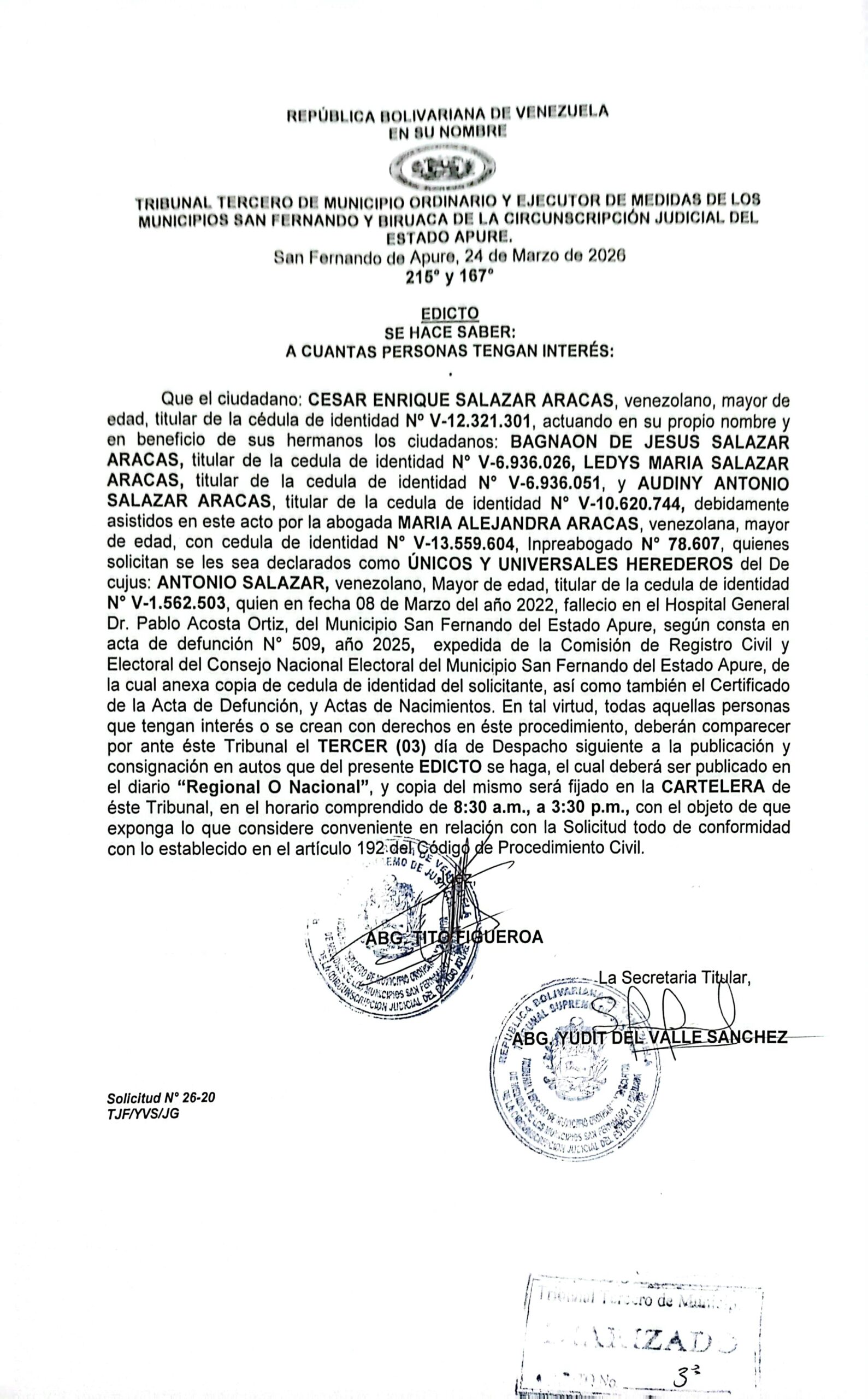 EDICTO, ÚNICOS Y UNIVERSALES HEREDEROS del De cujus: ANTONIO SALAZAR (V-1.562.503)