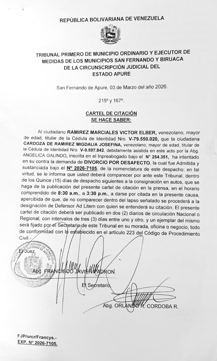 CARTEL DE CITACIÓN, Demanda de DIVORCIO POR DESAFECTO, RAMIREZ MARCIALES VICTOR ELBER (C.I: V- 79.550.020)