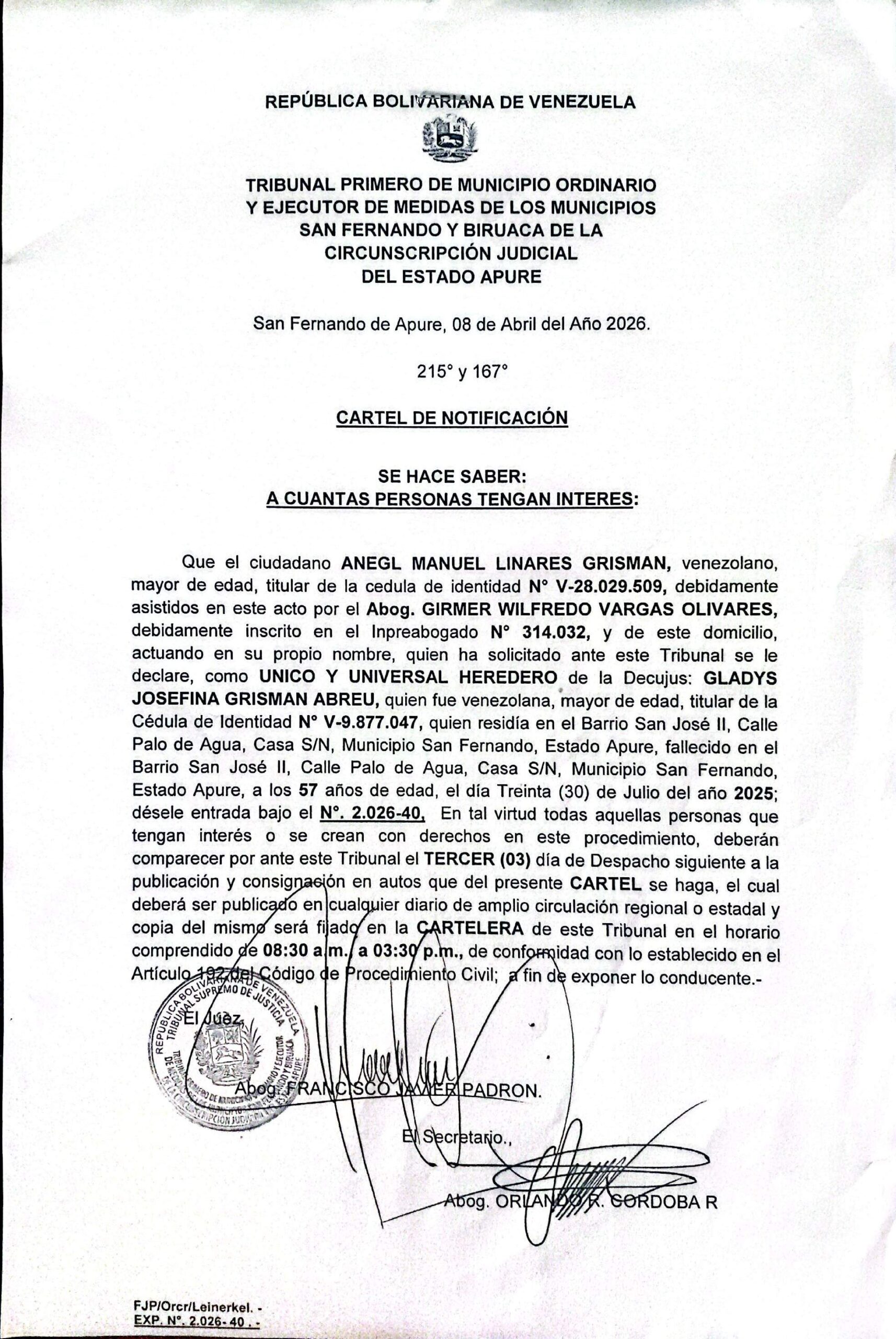 CARTEL DE NOTIFICACIÓN, ÚNICO Y UNIVERSAL HEREDERO de la Decujus: GLADYS JOSEFINA GRISMAN ABREU