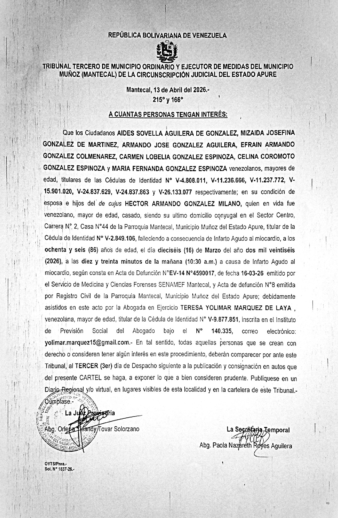 CARTEL DE NOTIFICACIÓN, ÚNICOS Y UNIVERSALES HEREDEROS del Decujus: HECTOR ARMANDO GONZALEZ